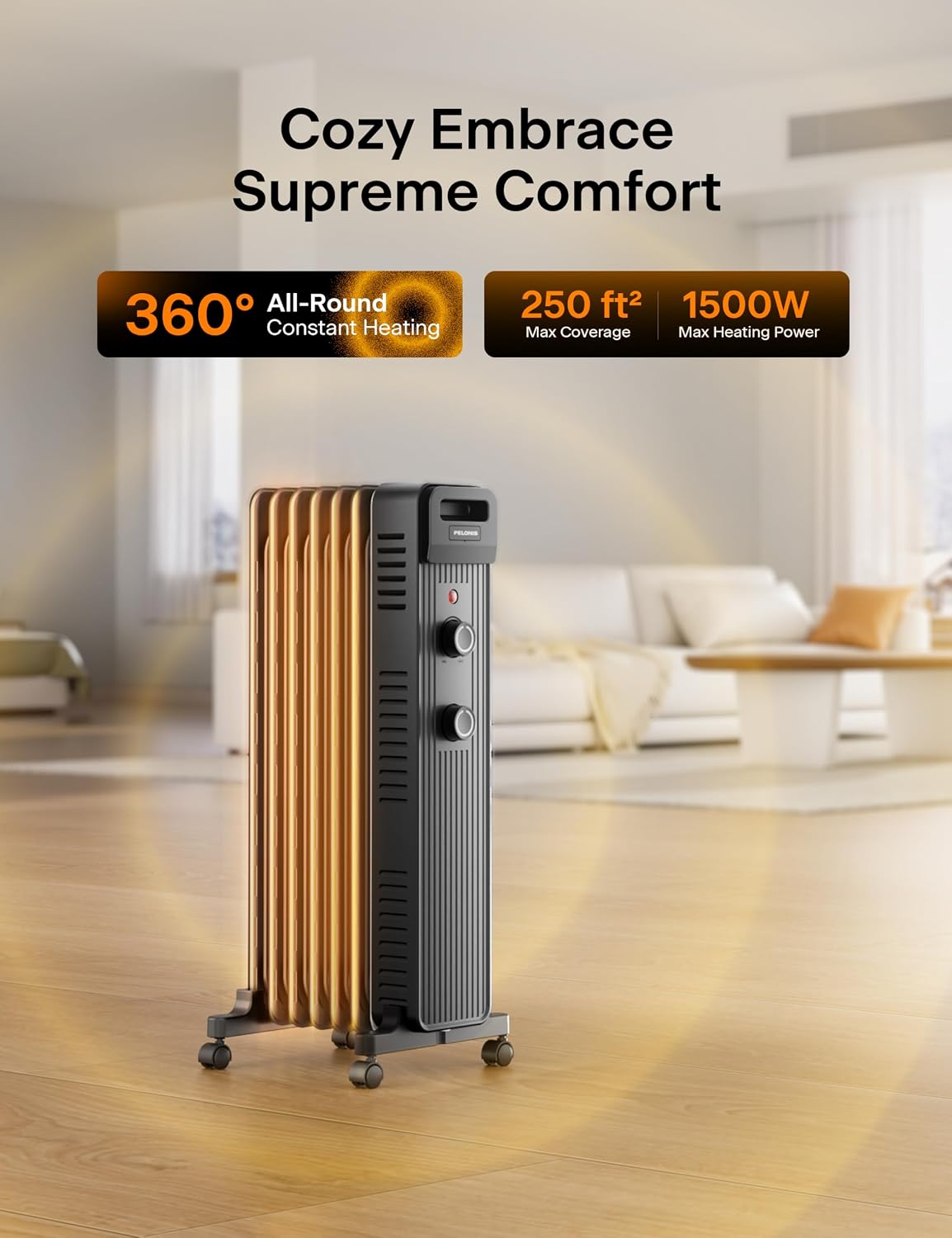 Detalle de PELONIS PSHO15M2AUB Oil-Filled Radiant Heater, 1,500W, 3 Heat Modes