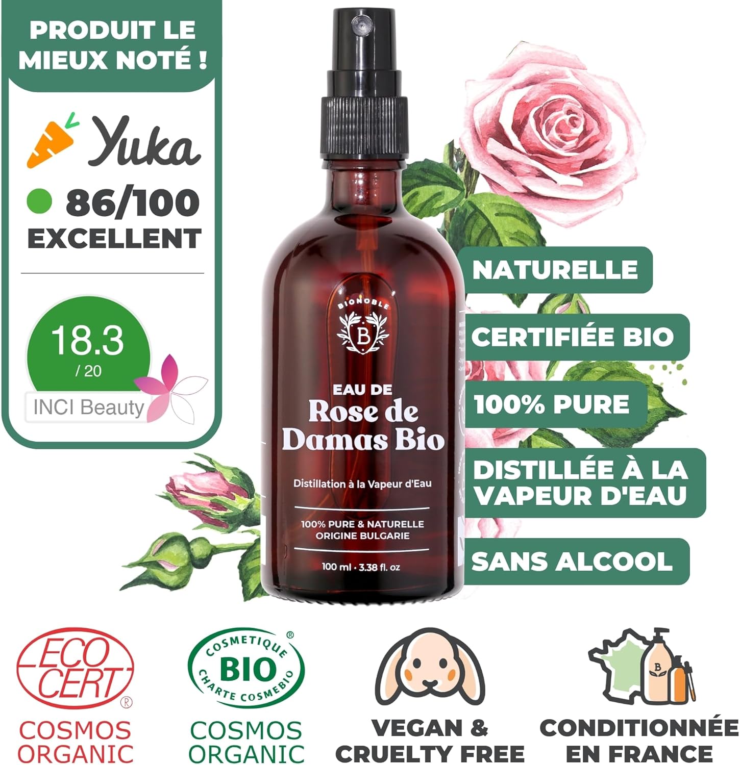 Detalle de BIONOBLE Eau de Rose Bio, Hydrolat 100 ml — Tonifie, Apaise et Redonne Éclat