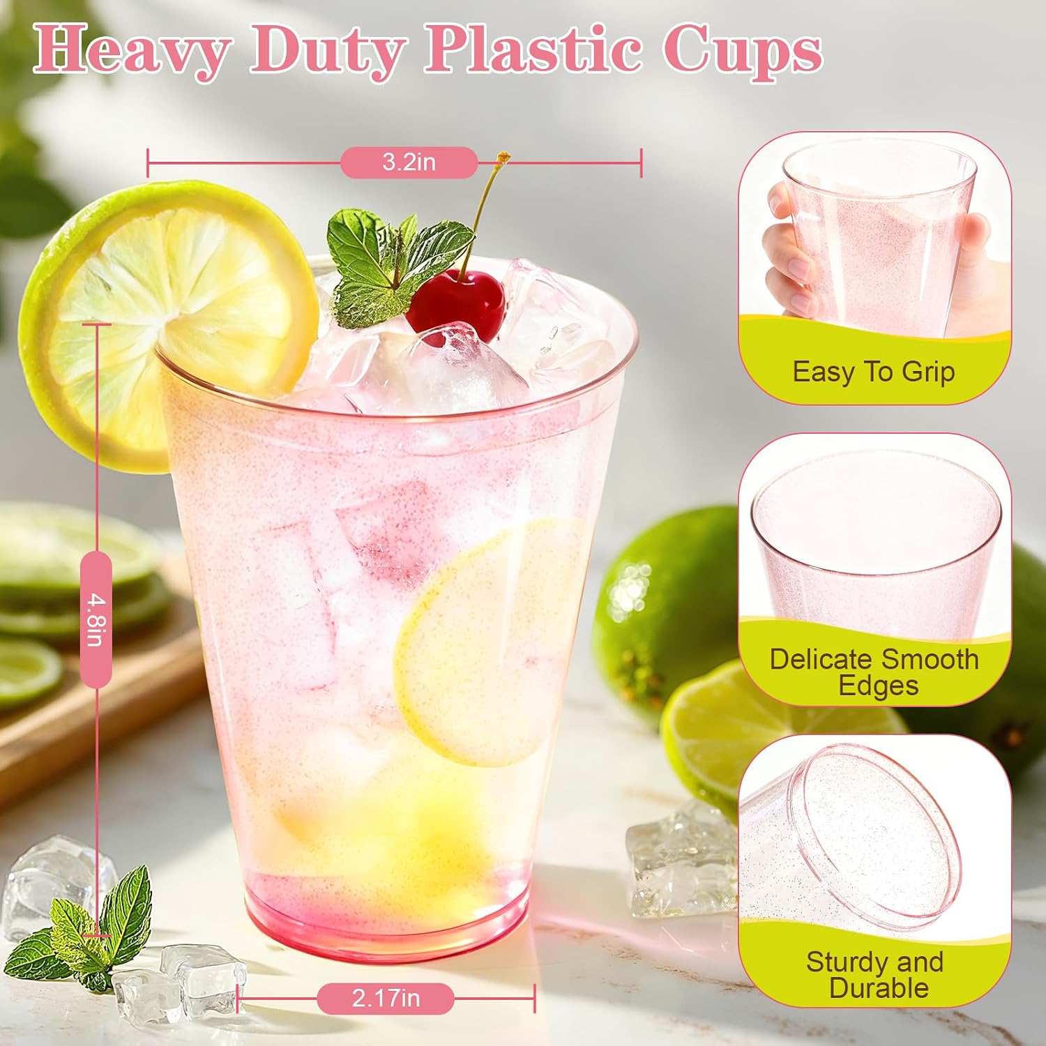 Detalle de Glowserve 50 Pack 12 oz Pink Glitter Disposable Plastic Cups