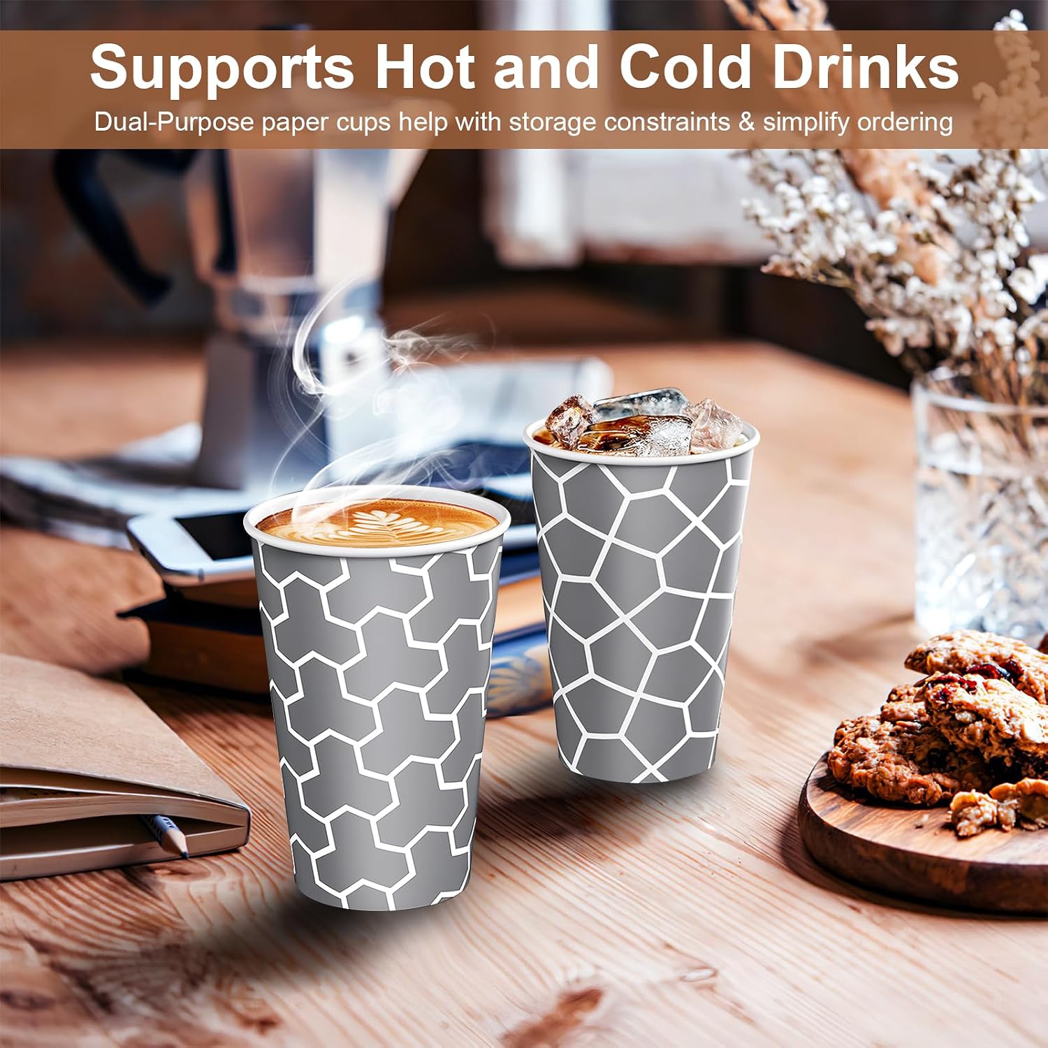Detalle de Huifany 12 oz Paper Cups (240 Pack) – Disposable Insulated Cups for Hot and Cold Drinks