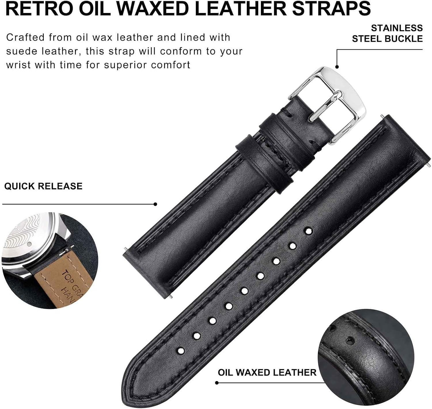 Thumbnail 3 de BISONSTRAP Rétro bracelet de montre en cuir ciré à l’huile pour homme (bracelet de rechange, dégagement rapide)