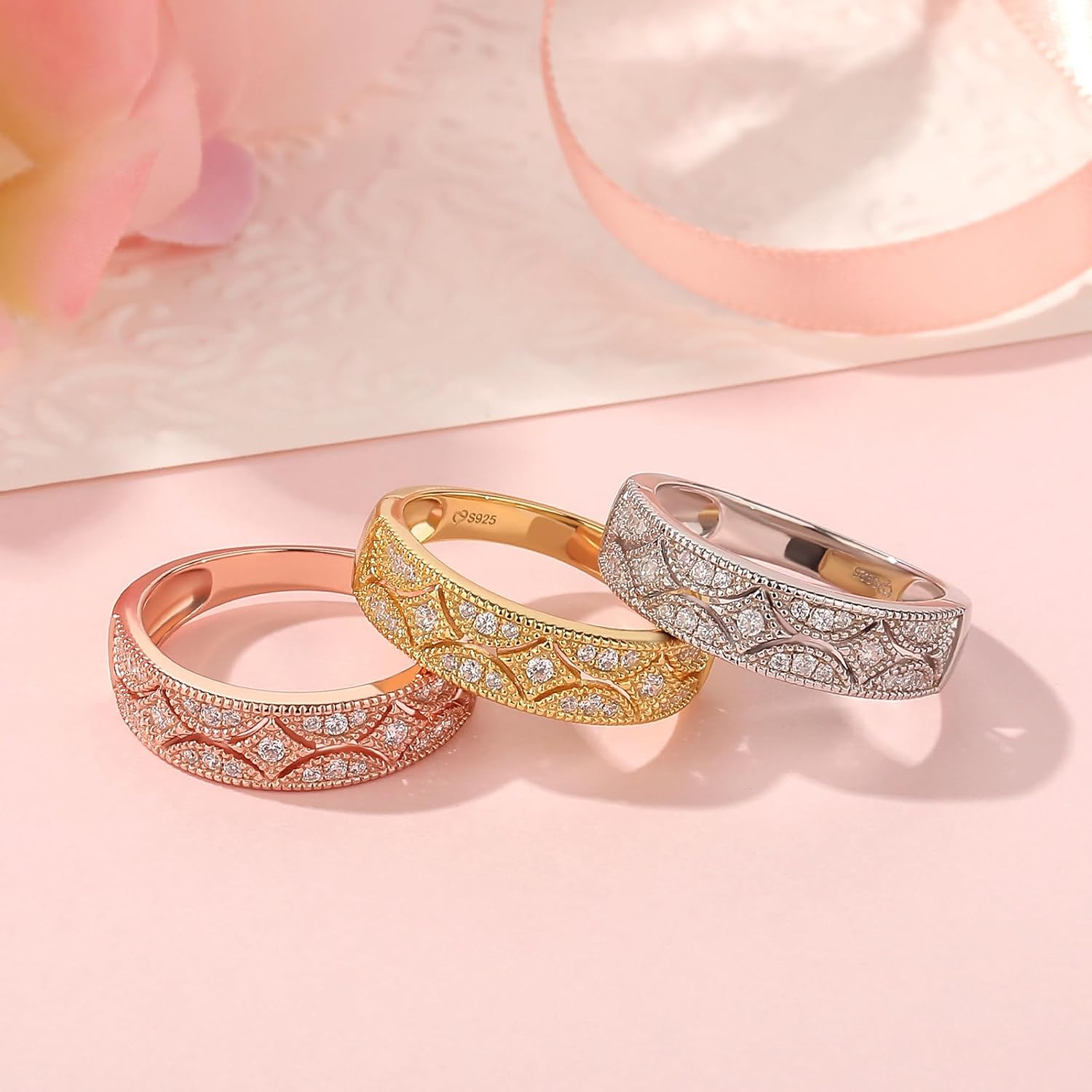 Detalle de Jeulia 925 Sterling Silber Ring Milgrain & Rundschliff – Damenband mit Schmuckschatulle