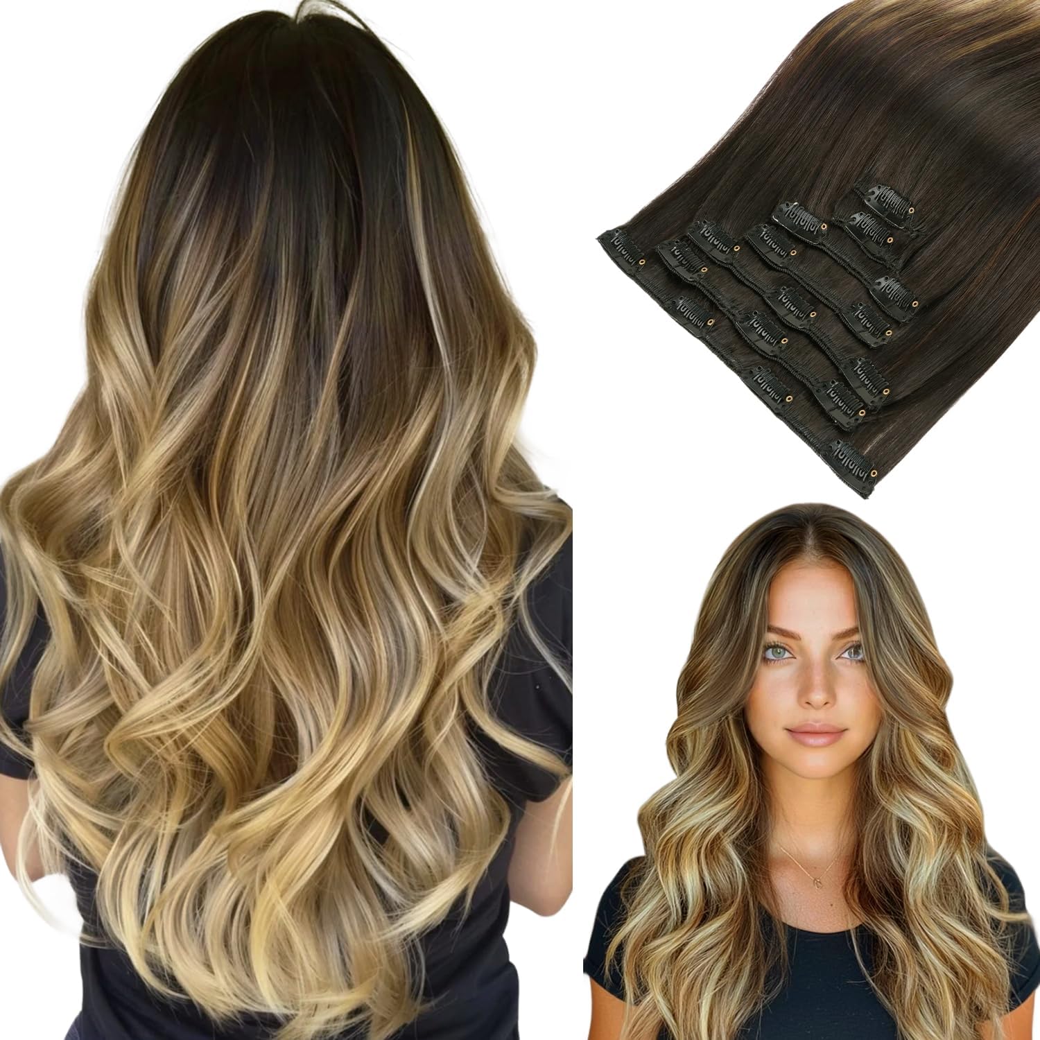Detalle de HOTBANANA Extension Capelli Veri Clip Castano Scuro fino a Castano e Biondo Sporco Evidenziato, 35 cm (7 pz, 120 g)