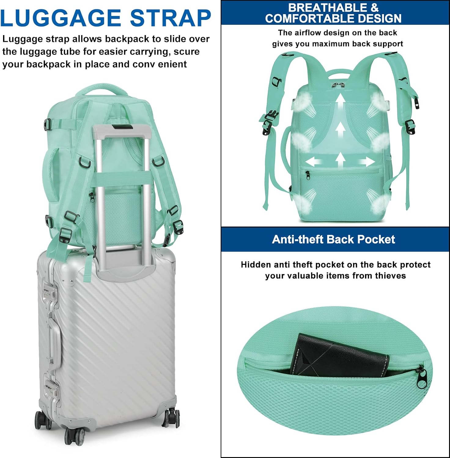 Detalle de ENZOSUM Bagages Cabine 40x20x25, Sac à Dos de Voyage Vert pour Ryanair et 14'' Laptop