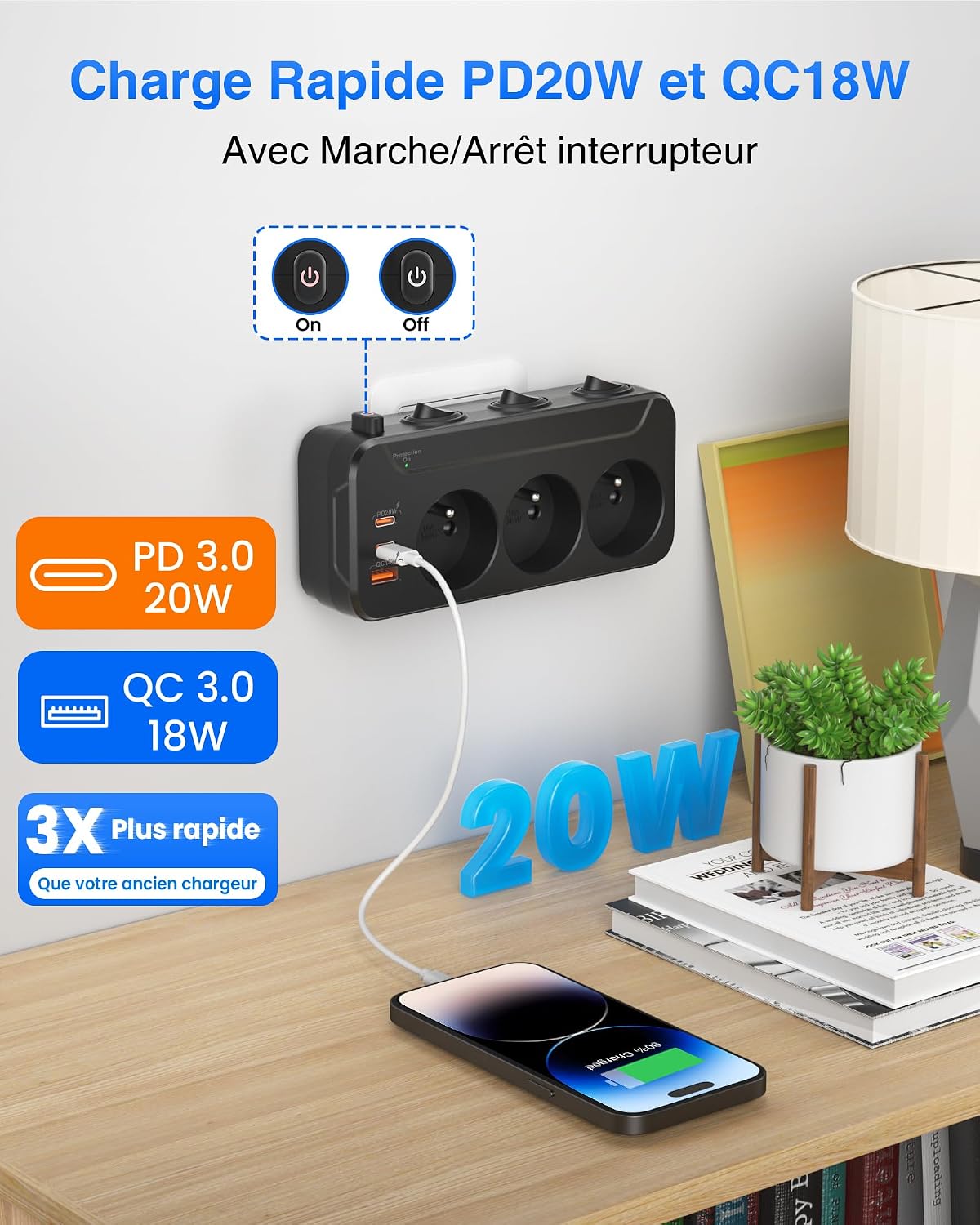 Thumbnail 5 de Multiprise 3 prises noire avec USB-C PD 20 W