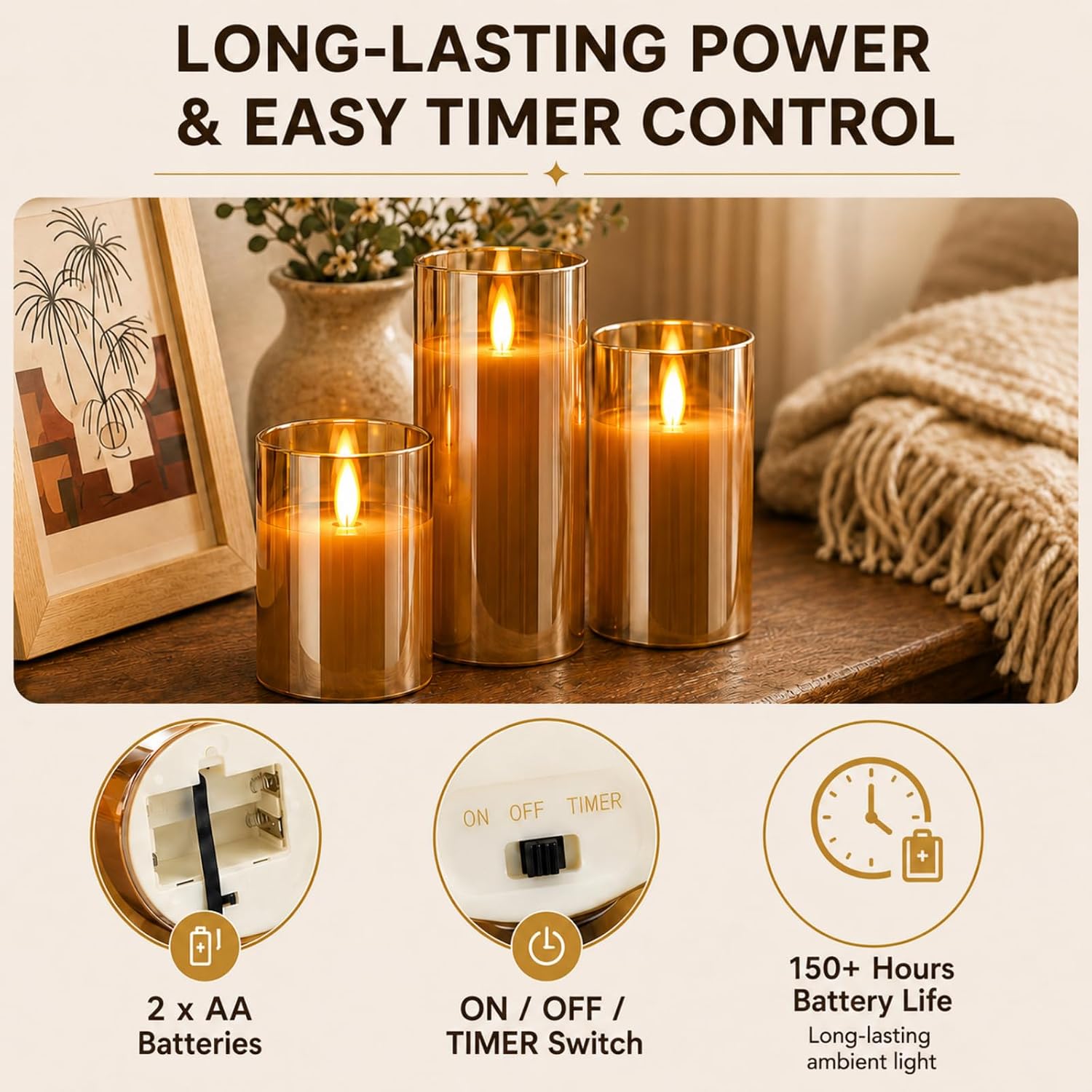 Thumbnail 6 de YMing battery-operated flameless LED candles set (gold glass pillar) with remote timer – realistic flicker wick flame mode