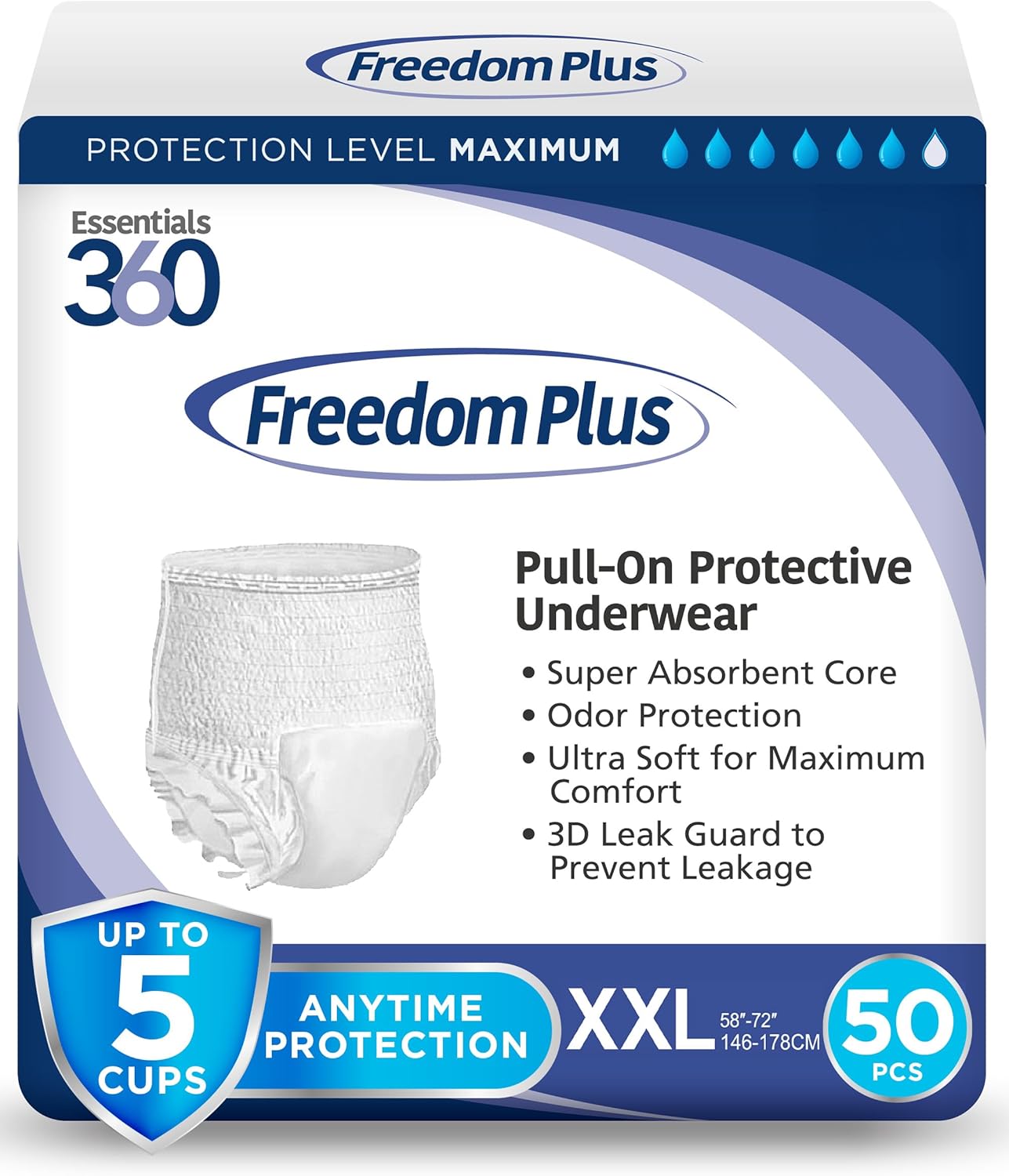 Detalle de ESSENTIALS 360 Freedom Plus Adult Diapers, XXL, Maximum Absorbency with 3D Leak Guard