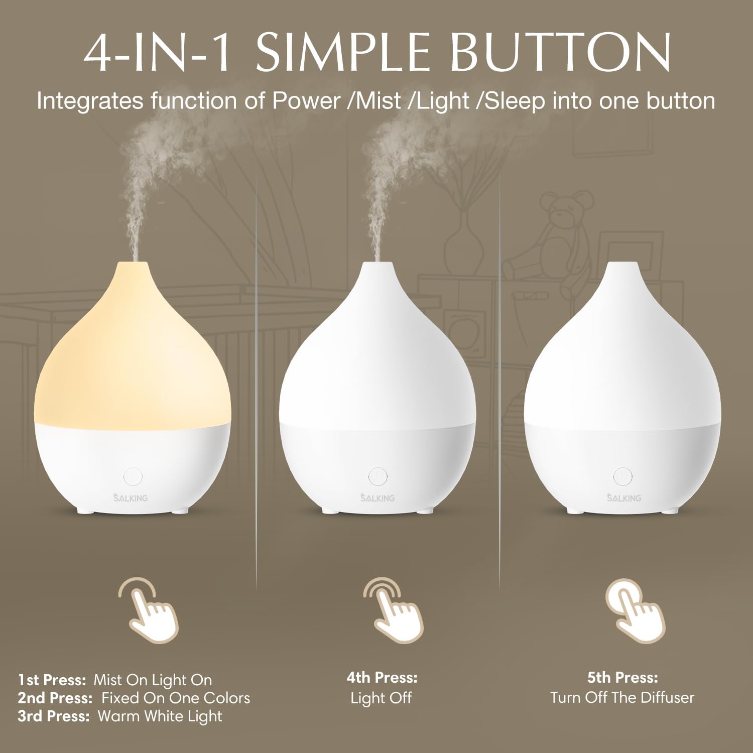 Thumbnail 3 de SALKING Diffusore di oli essenziali 100 ml con 8 LED e spegnimento automatico (senza BPA) bianco
