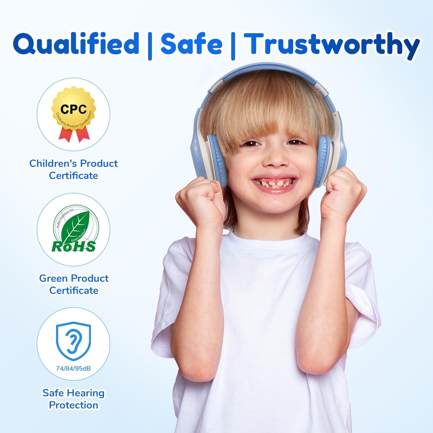 Detalle 2 de EarFun Kids Wireless Headphones (74/85/94dB Volume Limited) with Microphone, Sky Blue