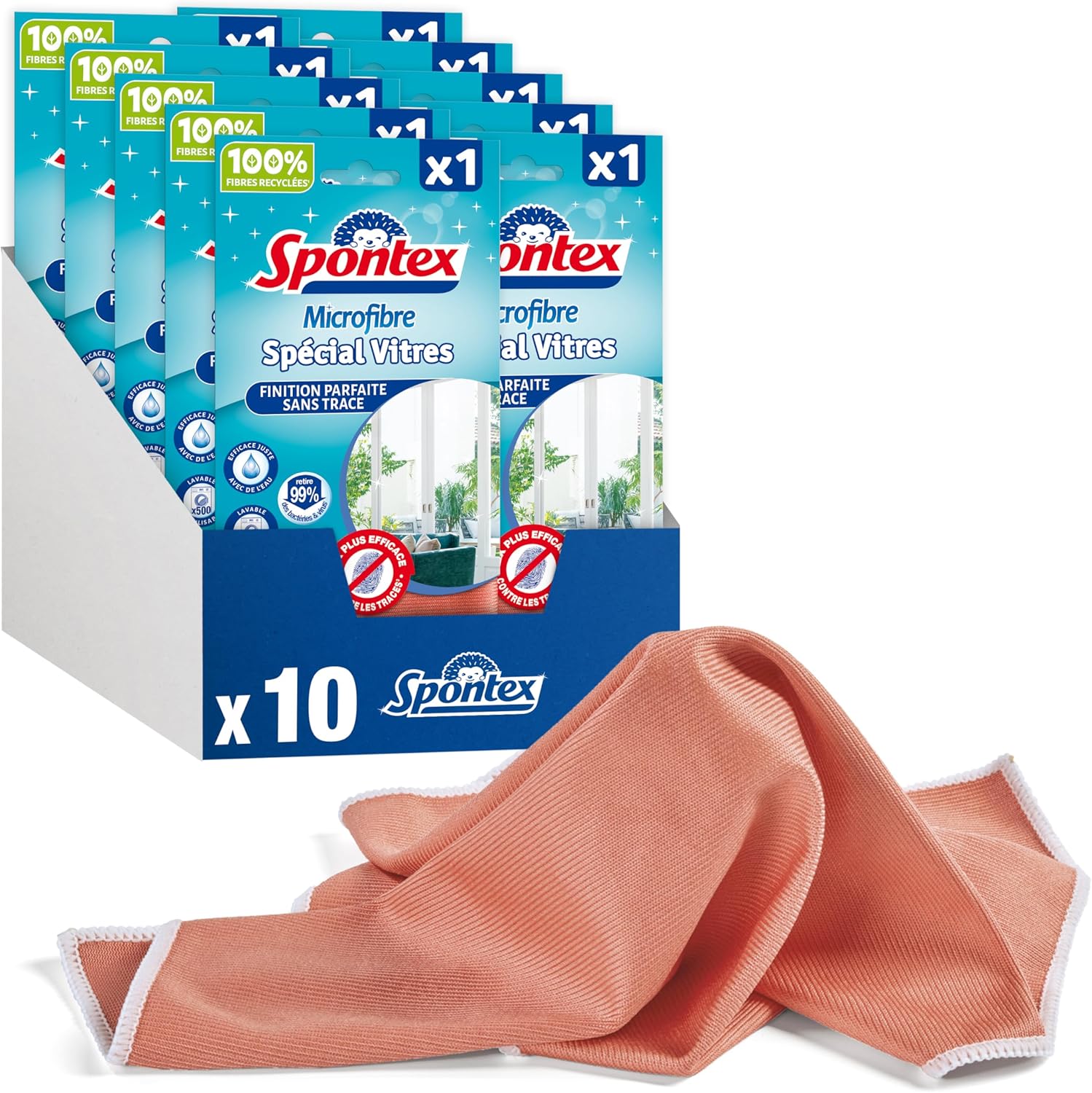 Spontex Lavettes Microfibre Spécial Vitres 40 x 40 cm – Lot de 10