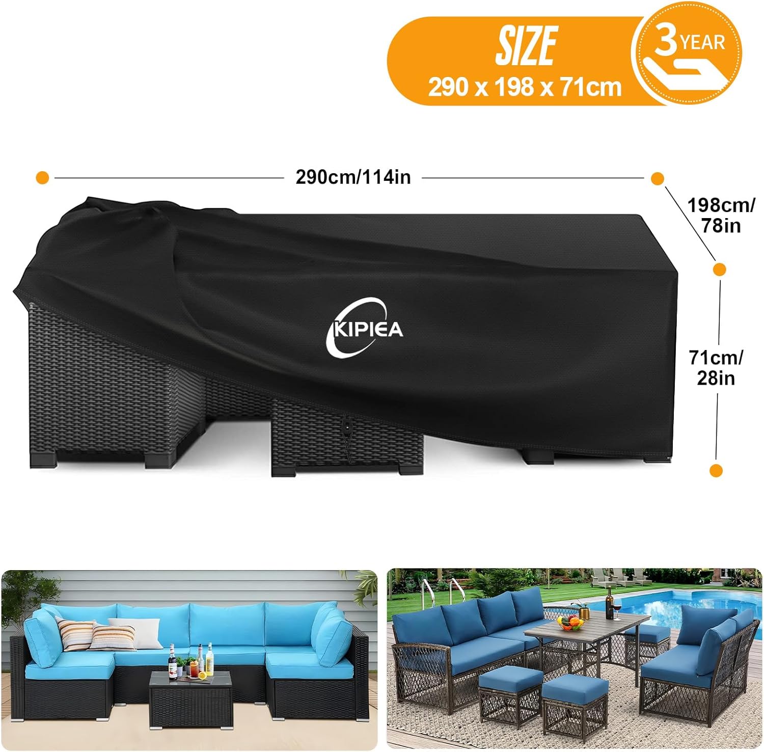 Detalle de Kipiea Large Outdoor Garden Furniture Cover – 290 x 198 x 71cm, 420D Waterproof Rattan Table & Chairs Shield