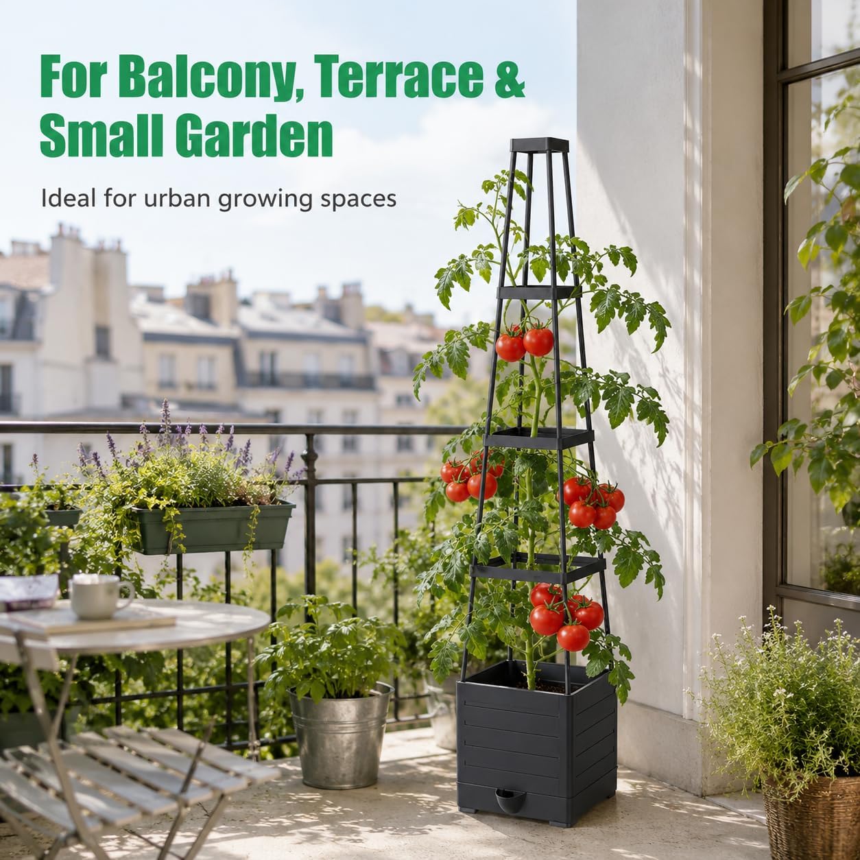 Detalle de JQTOP Jardinière Surélevée avec Treillis 145 cm – Pot Auto-Arrosant pour Plantes Grimpantes et Légumes