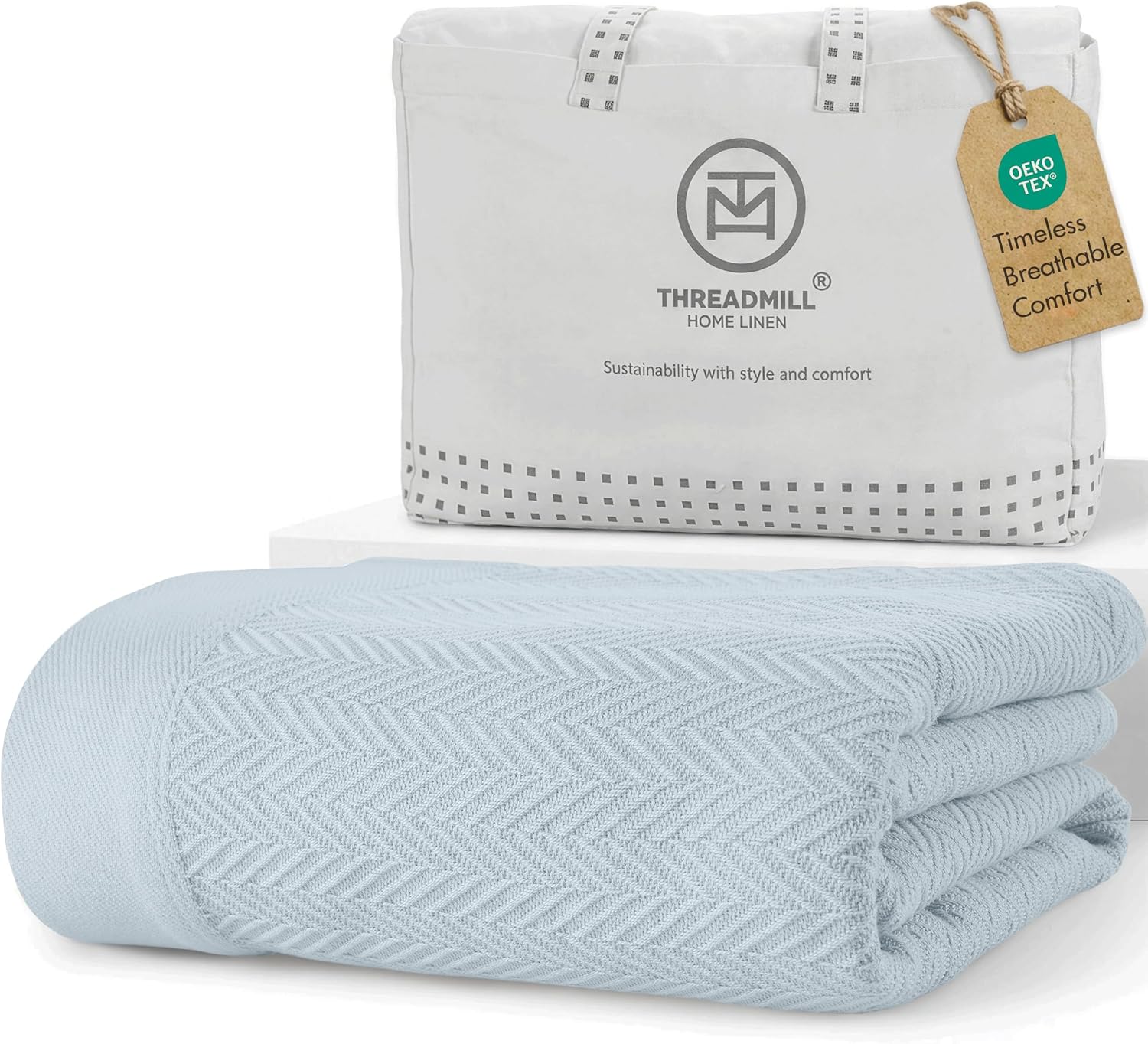 Detalle de Threadmill Luxury Cotton Blanket for Twin Size Bed – 68x92 inches, 350GSM, Herringbone