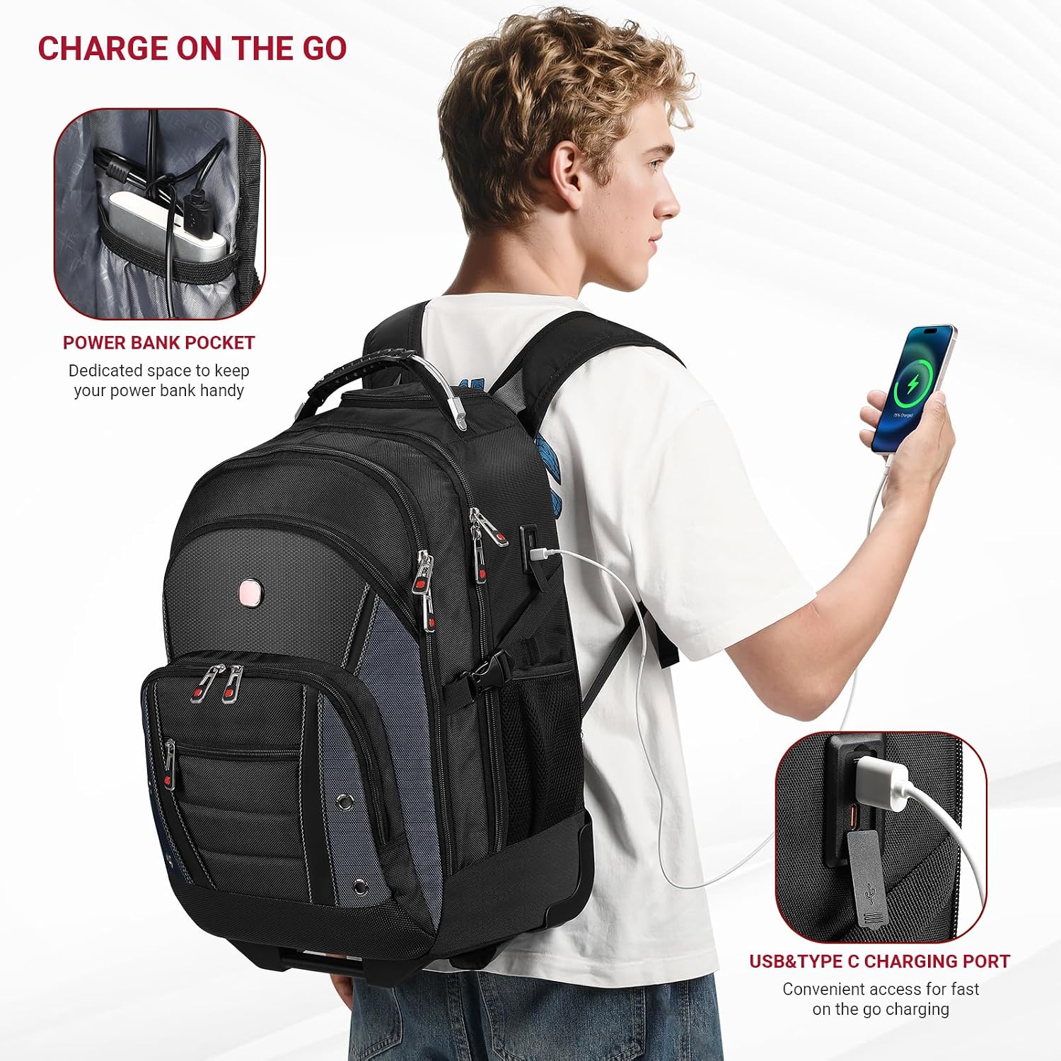 Thumbnail 6 de Star Cloud Rolling Backpack with Wheels: 17.3" Laptop, USB & Type-C Charging, 45L Carry-On