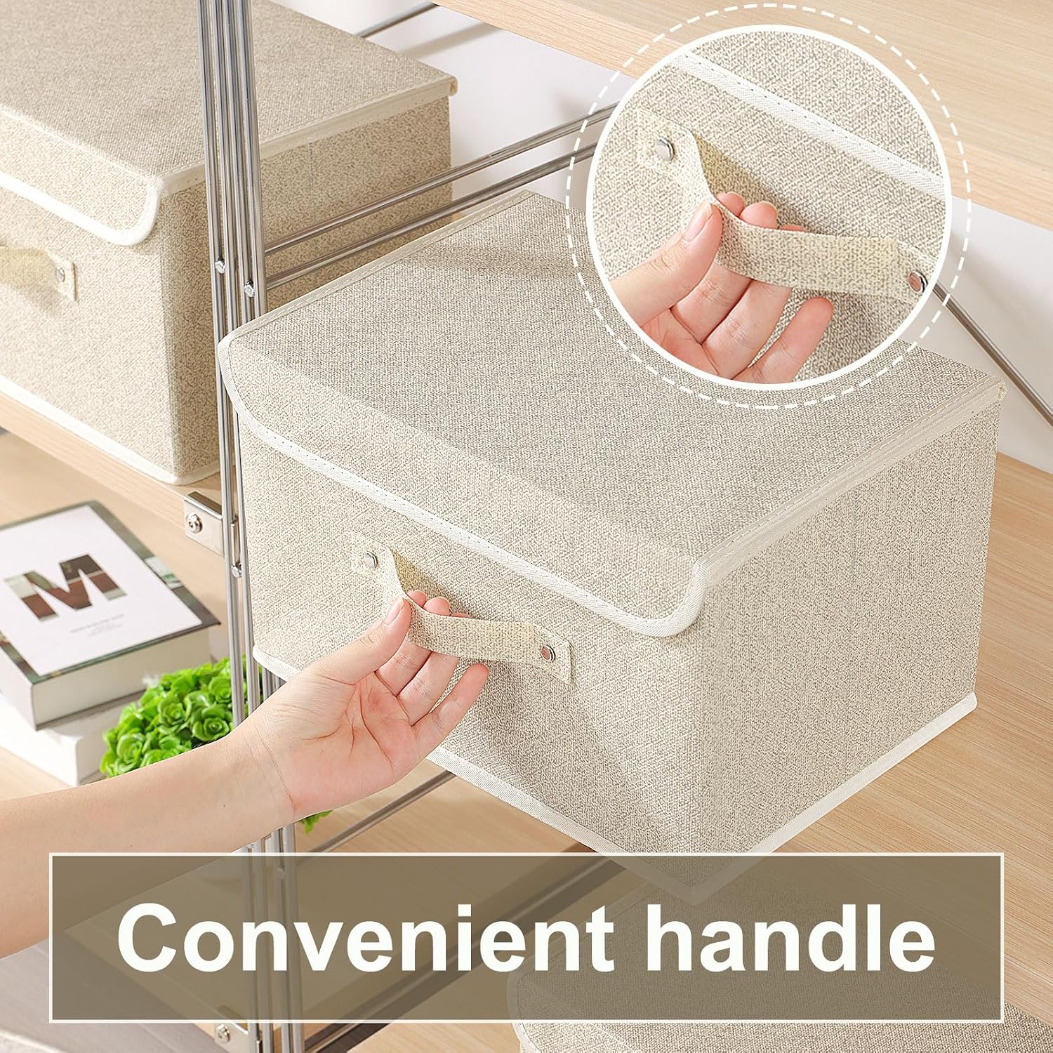 Detalle de ENUMAIL 3er Set Stoff-Aufbewahrungsboxen mit Griff und Deckel (faltbar) 33×23×20 cm, Grau & Beige