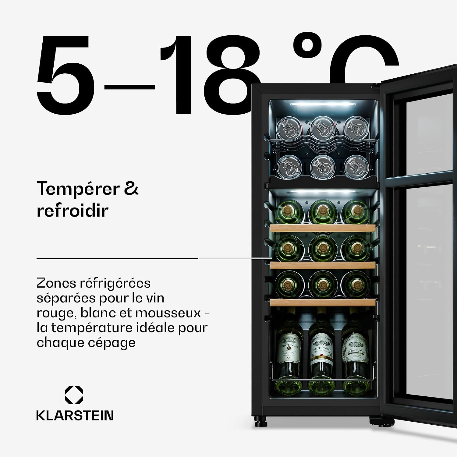 Detalle 2 de Klarstein Bovella Duo+ HEA-Bodega-18 wijnkoelkast, 2 zones, 50 liter