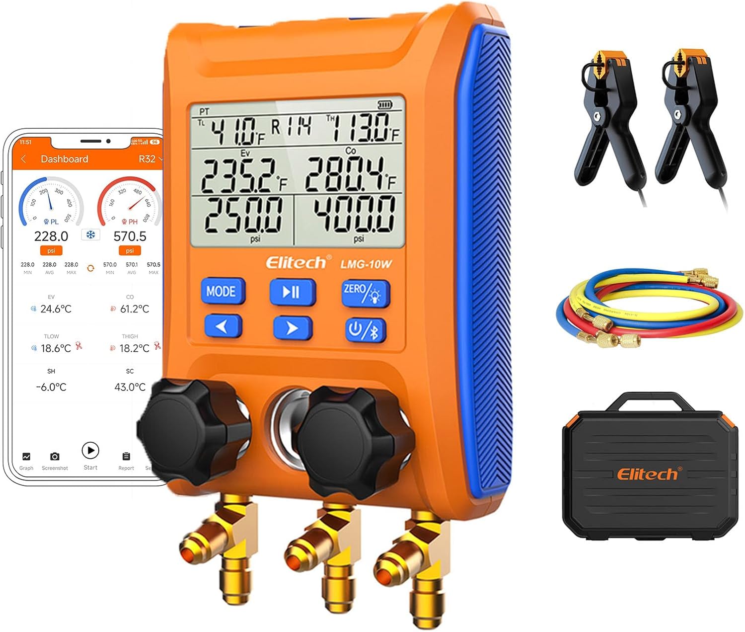 Detalle de Elitech LMG-10W Wireless Digital Manifold Gauge Set with Data Logging (HVAC Refrigerant Gauges)