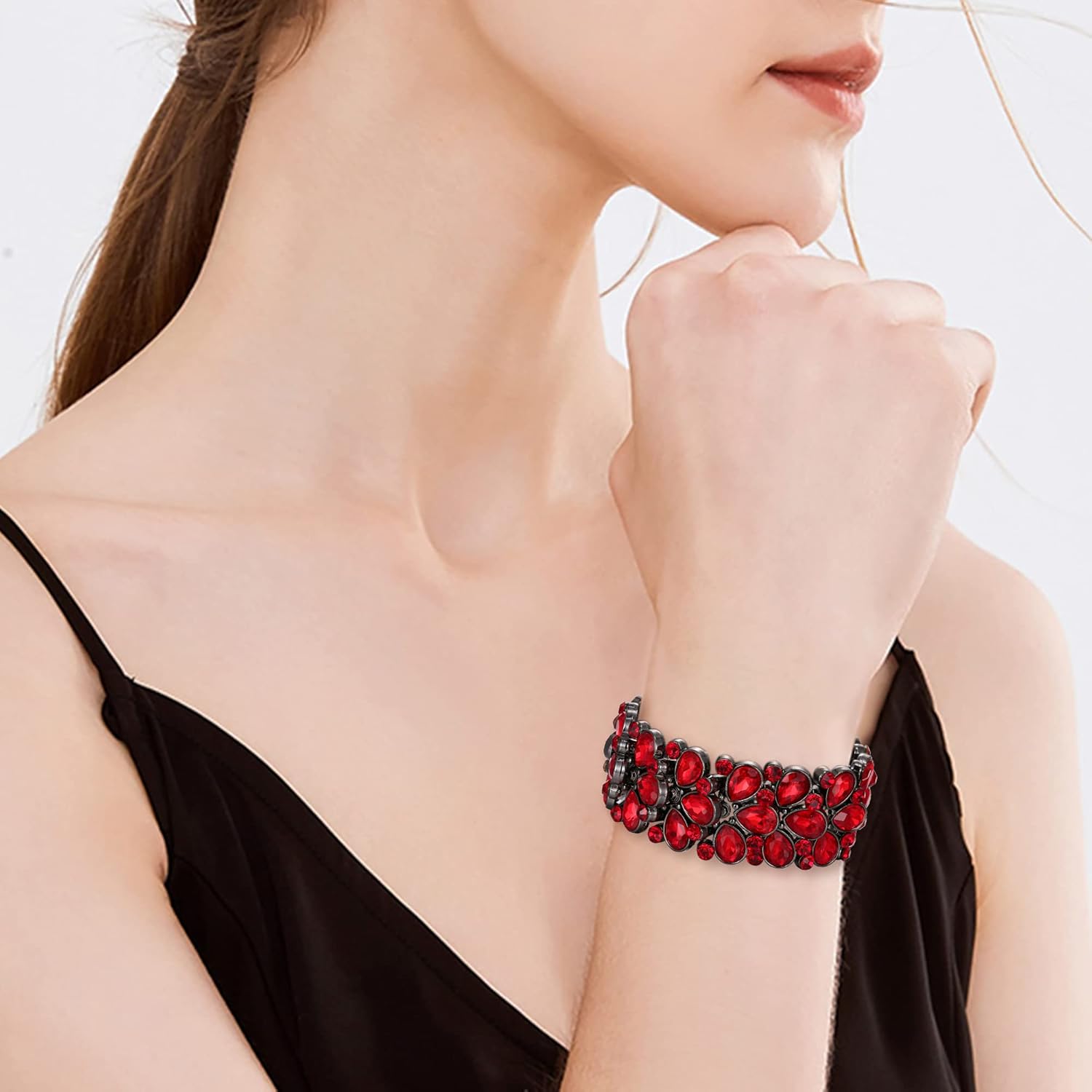 Thumbnail 1 de EVER FAITH Armband Art Deco mit Strass-Kristallen – rundes österreichisches Kristall 3-lagiges Teardrop Stretcharmband für Damen