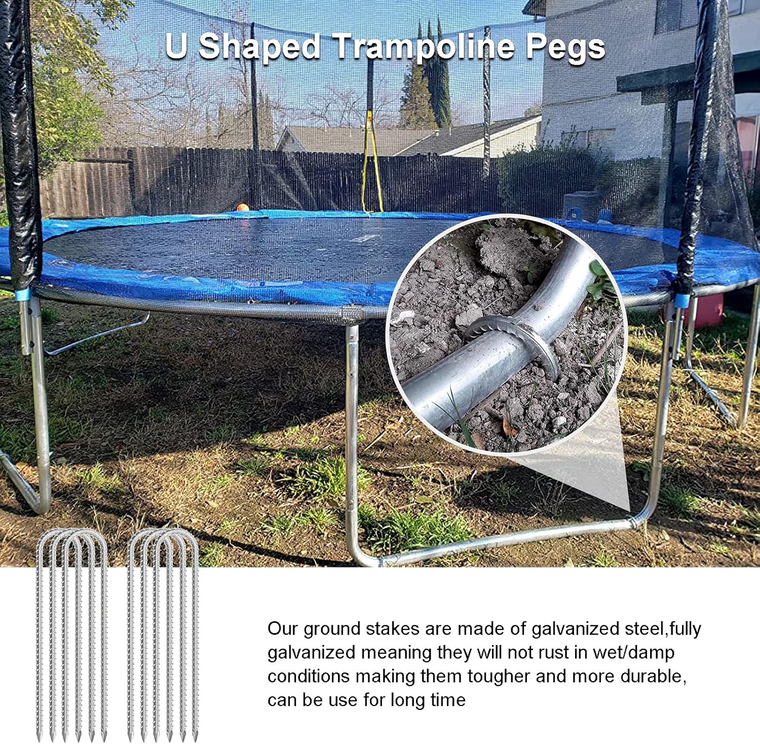 Detalle 2 de Tent Pegs Metal Heavy Duty 30cm Rebar Stakes Ground Anchor Kit (6 Pack) for Trampolines, Swings & Football Goals