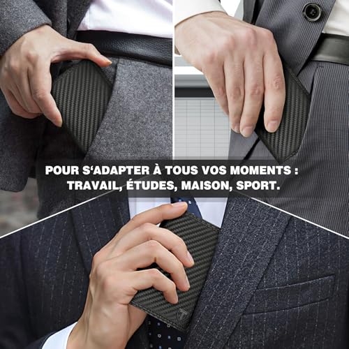 Detalle de TEEHON Portefeuille Vertical en Cuir Carbone RFID – 11 emplacements, 2 fenêtres et 3 volets