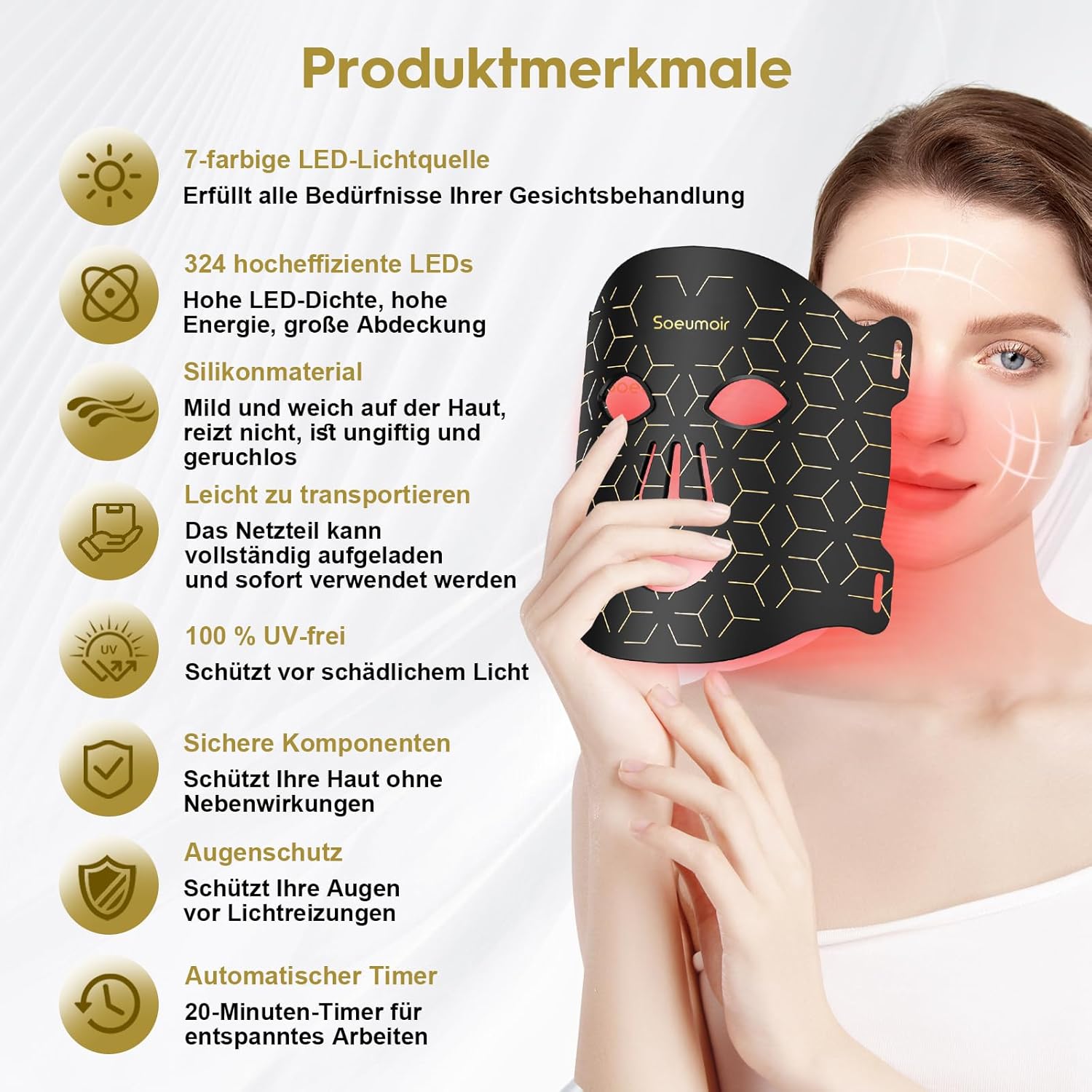 Detalle de Soeumoir LED-Gesichtsmaske mit Rotlichttherapie – 625 nm, 108 LEDs, 7 Beleuchtungsmodi