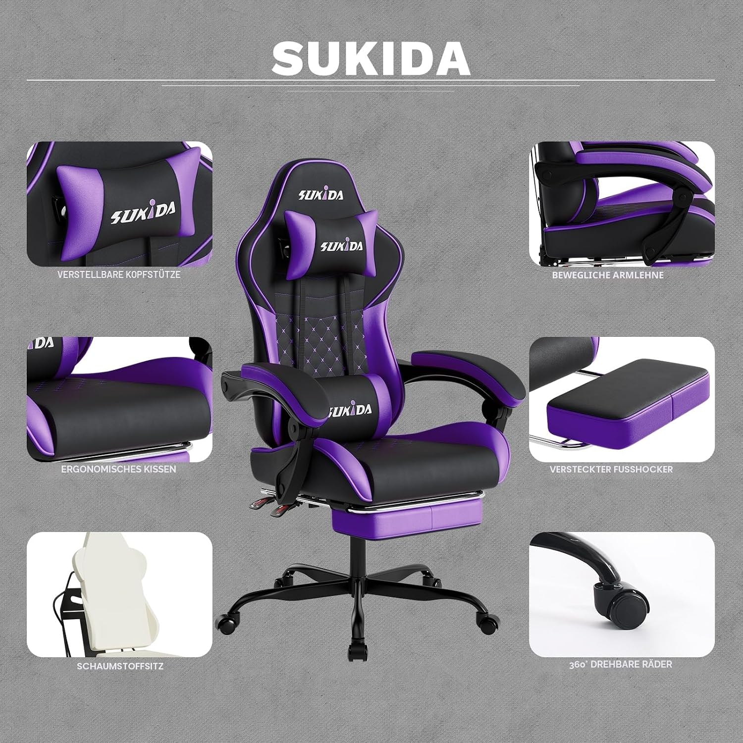 Thumbnail 4 de SUKIDA Gaming Stuhl mit Fußstütze – ergonomischer Stuhl mit 90–135° Rückenlehne, Lendenwirbelstütze (Blackpurple)