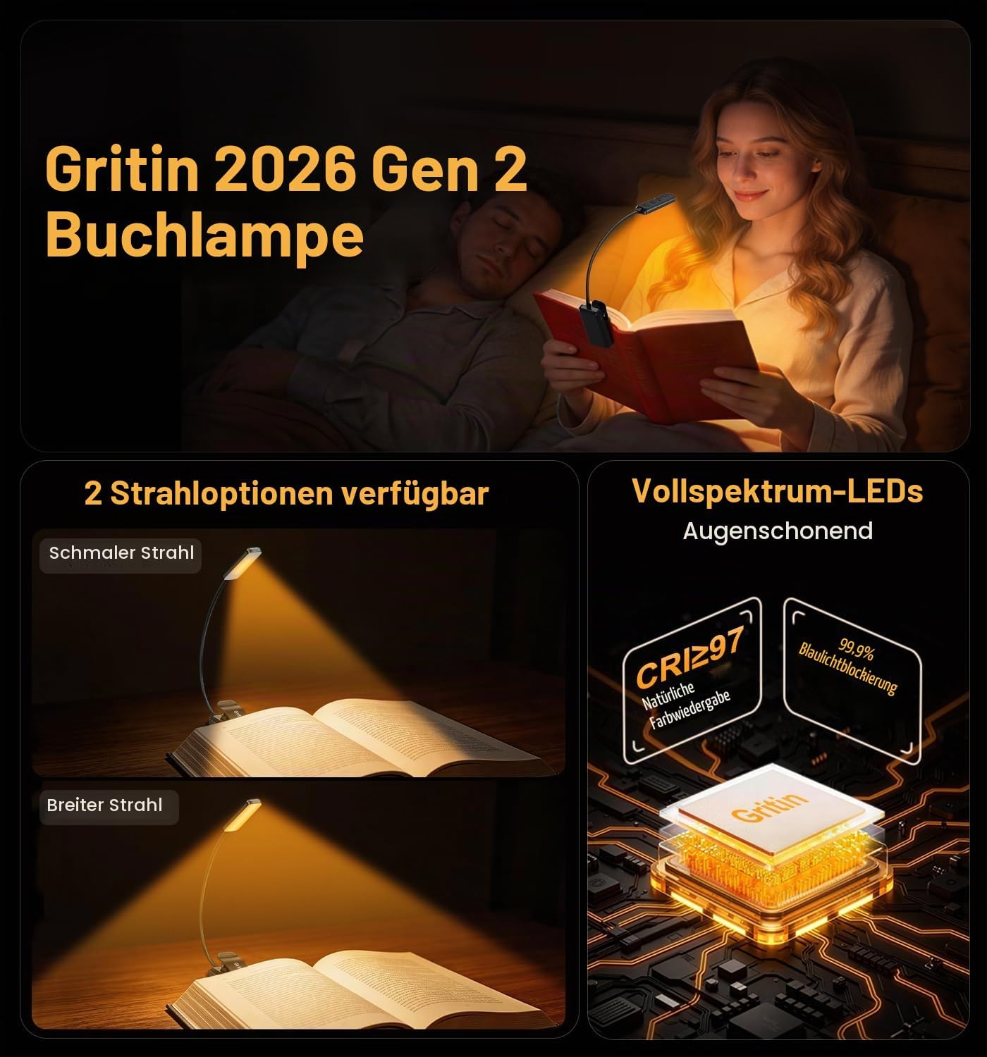 Detalle 2 de Gritin 2026 Gen 2 Leselampe Buch Klemme – Vollspektrum-LEDs, 1500 mAh, USB-C