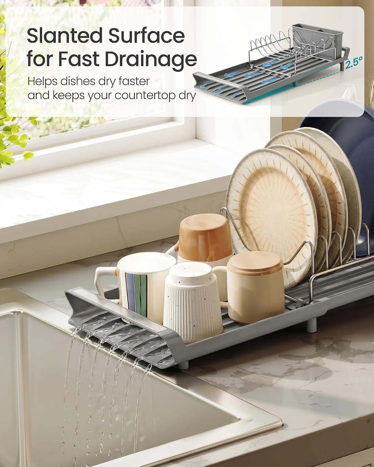 Thumbnail 6 de SONGMICS Expandable Dish Drainer Rack with Removable Cutlery Holder (KCS044G101)