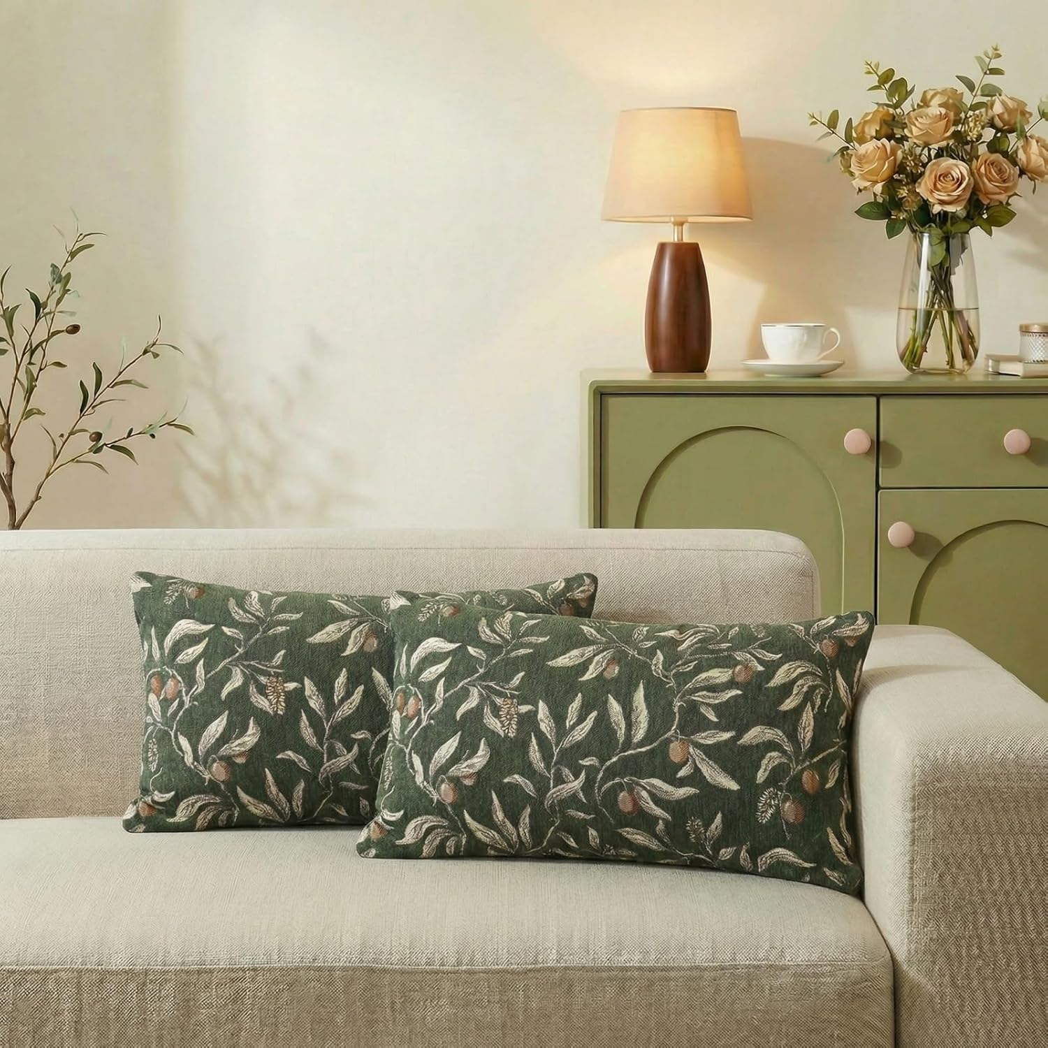 Thumbnail 1 de Wavedolphin housses de coussin 30x50 (lot de 2) en jacquard cerises – vert foncé