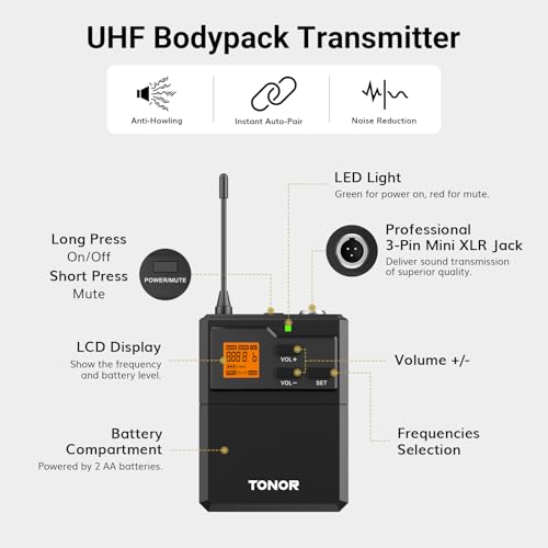 Detalle de TONOR Wireless UHF Microfono con trasmettitore bodypack, lavalier e archetto: distanza fino a 60 m