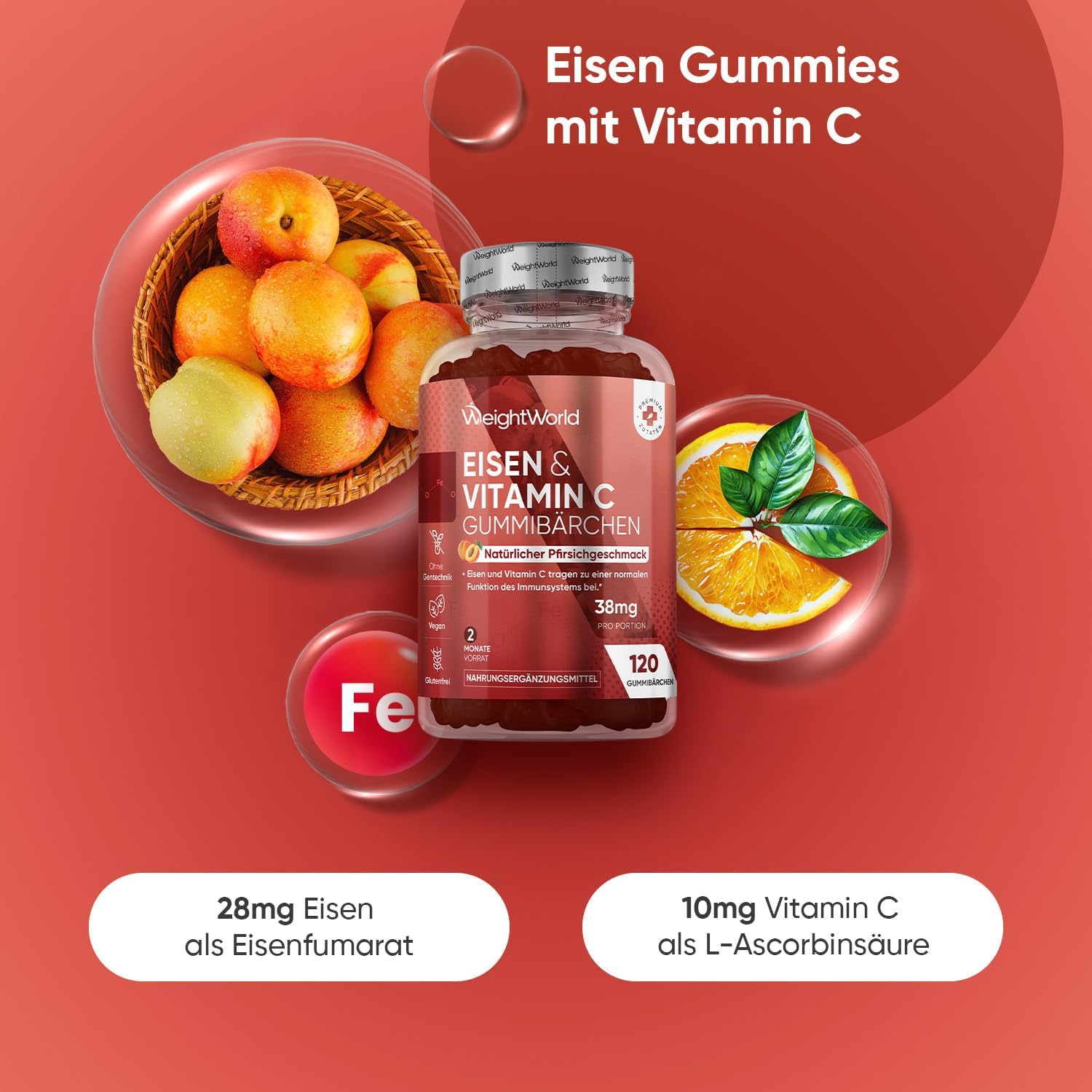 Detalle 2 de WeightWorld Eisen & Vitamin C Gummibärchen – 120 Gummies, 2 Monate Vorrat