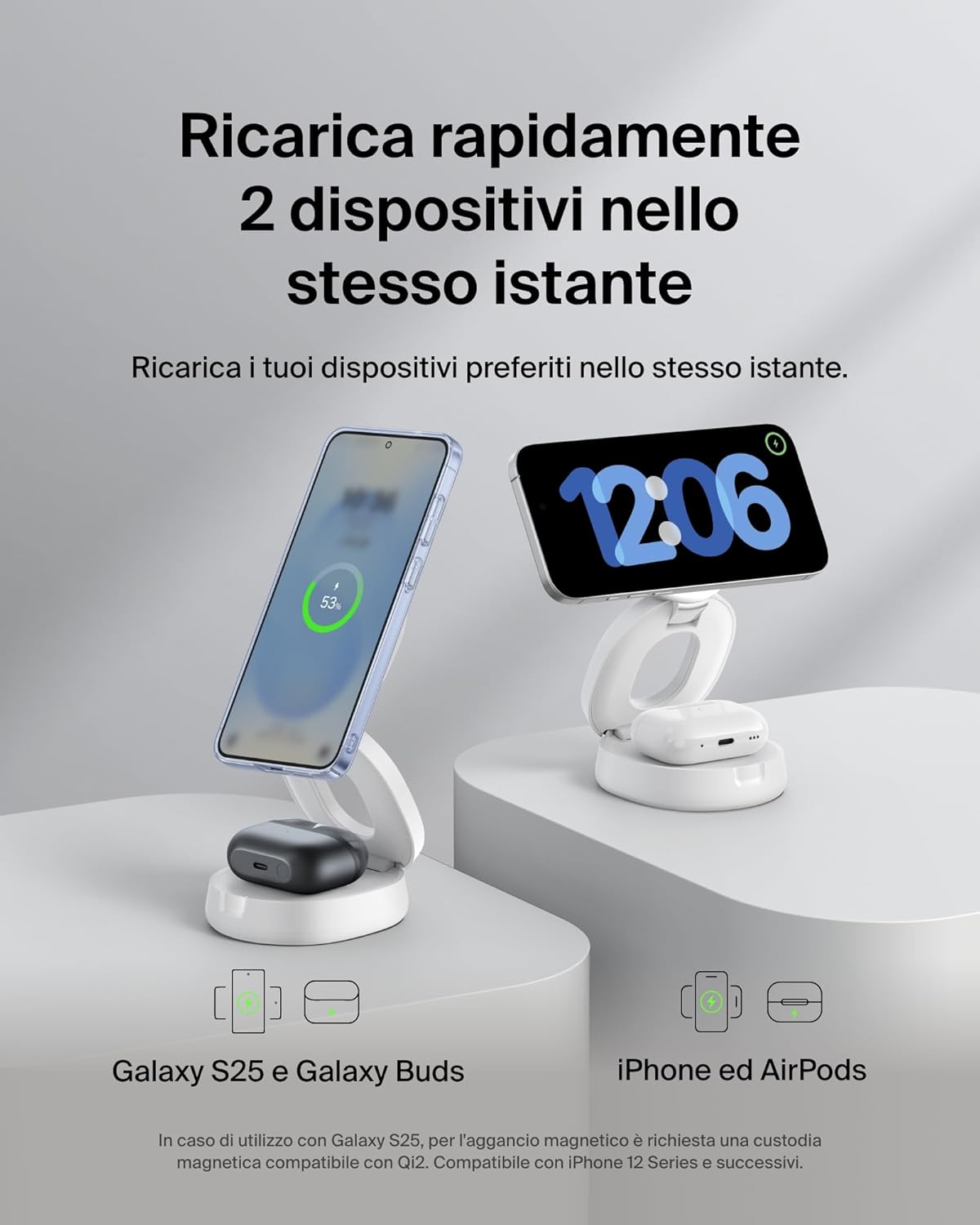 Thumbnail 1 de Belkin 2 in 1 Caricatore Wireless: stazione MagSafe Qi2 15 W con supporto pieghevole da 30 W, bianco