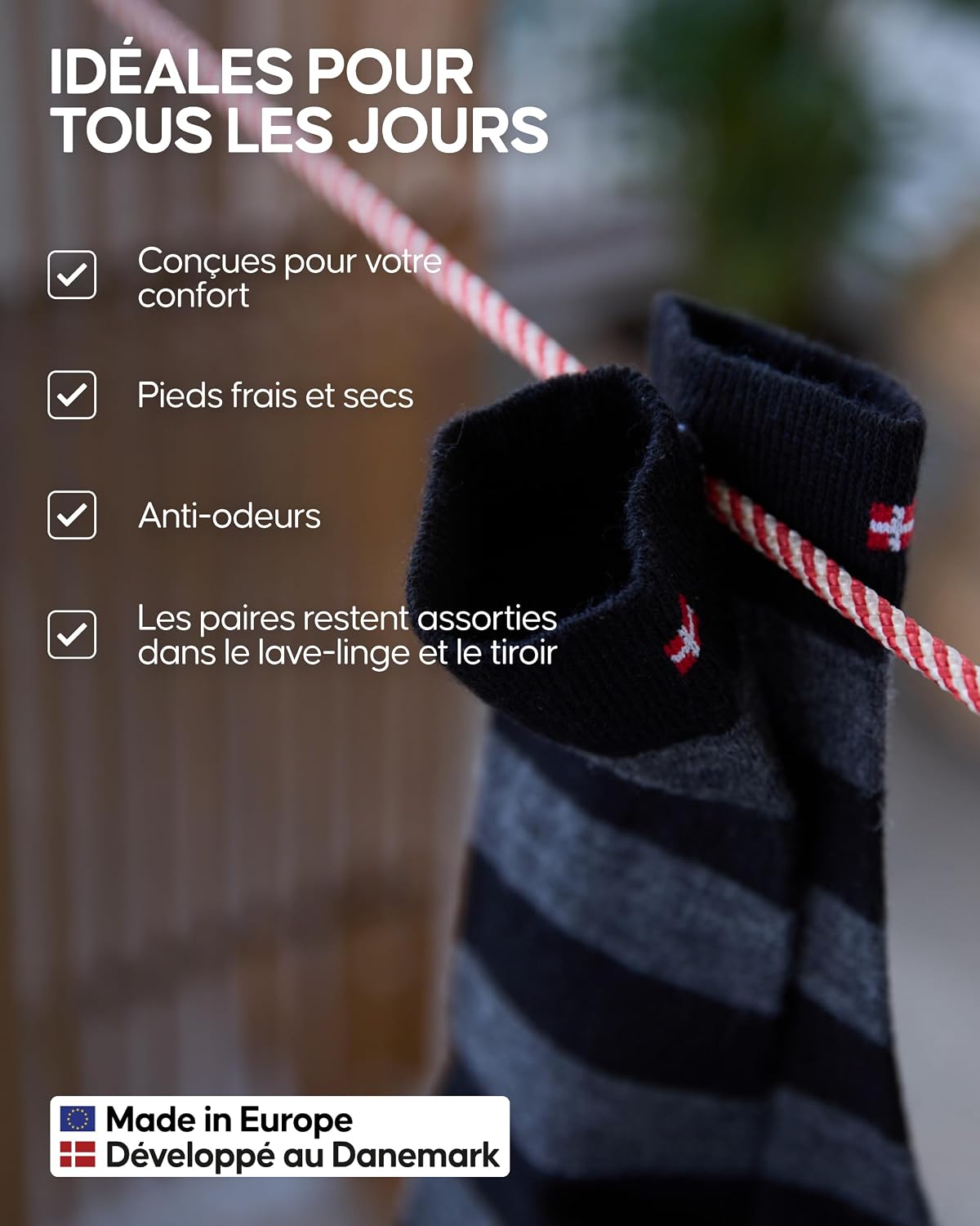 Thumbnail 2 de DANISH ENDURANCE Chaussettes en laine mérinos pour homme avec système de boutons – lot de 3 ou 5