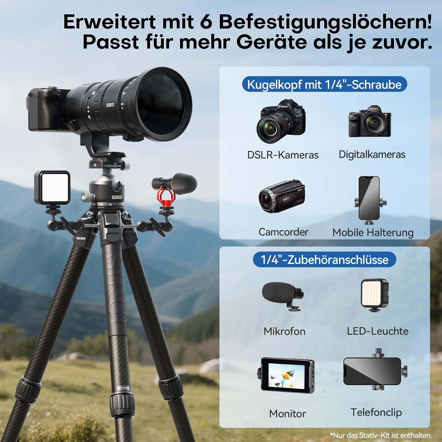 Thumbnail 6 de SIRUI AM-284S+G1 Carbon-Stativ mit 43-mm-Flachkugelkopf, bis 128 cm Höhe und 20 kg Traglast