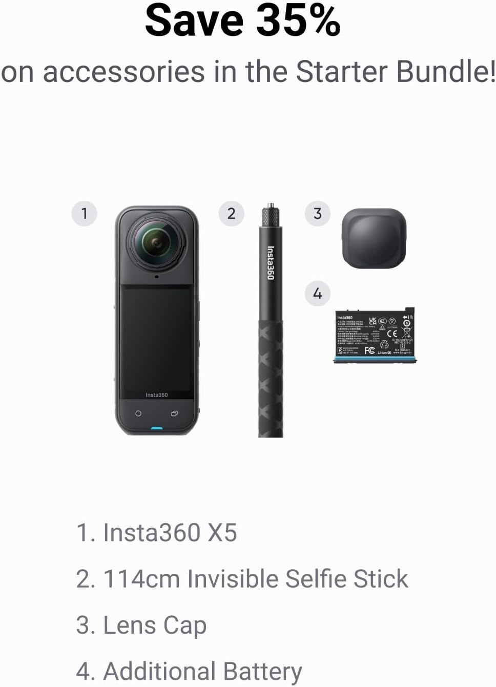Thumbnail 1 de Insta360 X5 Starter Bundle – Waterproof 8K 360° action camera with low-light AI, FlowState stabilisation and invisible selfie stick effect
