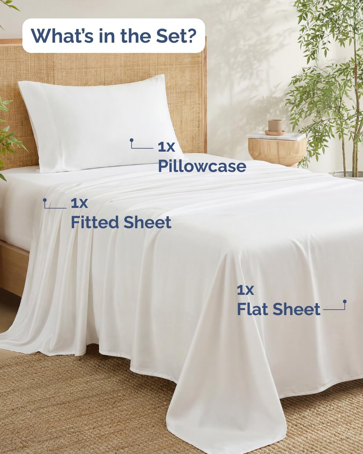 Detalle de Bamboo Sheets Twin Size: 100% Rayon Derived From Bamboo Cooling Set (1 Flat, 1 Fitted, 1 Pillowcase) – Ultra-Soft, Breathable Hotel-Luxury Bedding