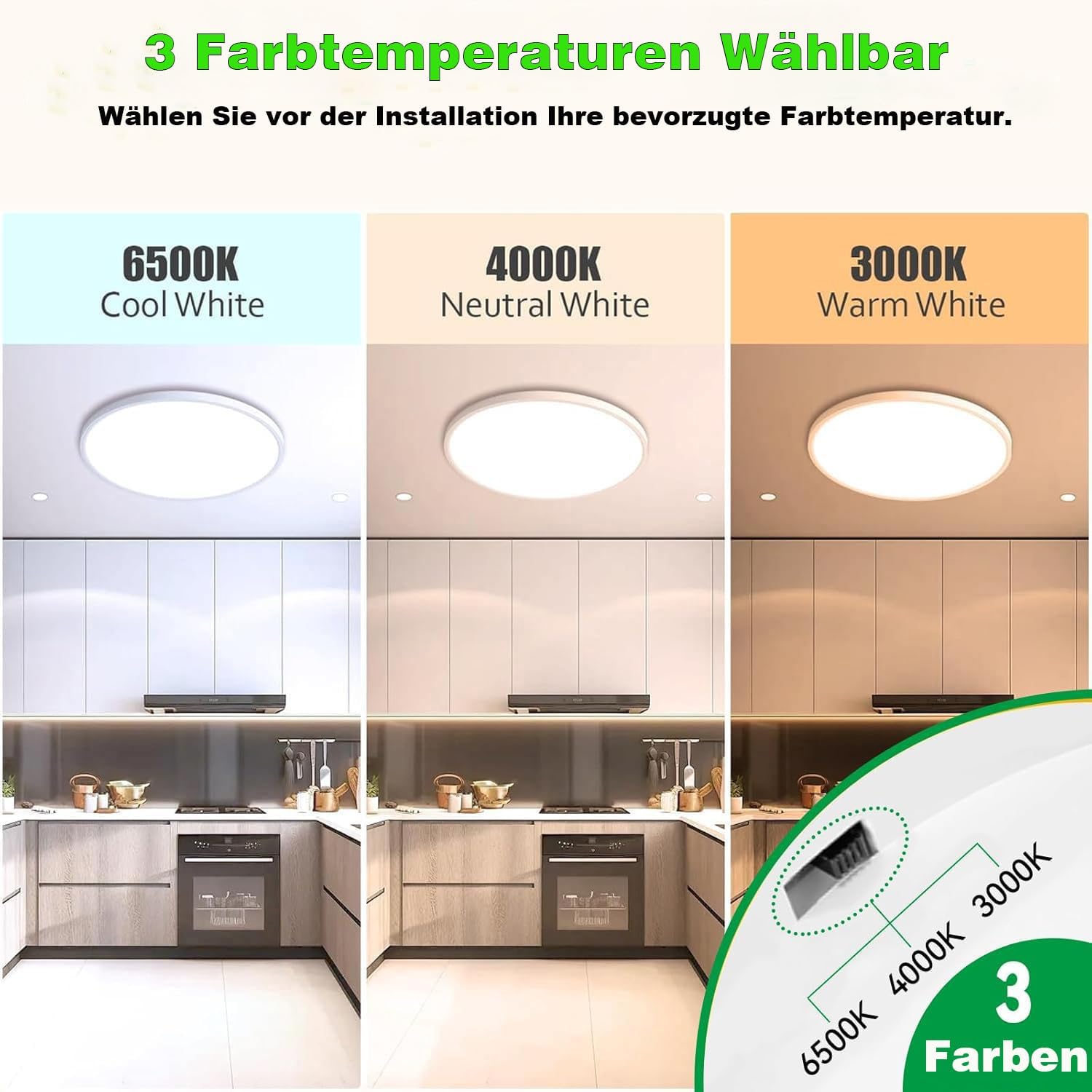 Thumbnail 2 de MGEELED Deckenleuchte Ø30 cm, 20W, 2400 lm, 3 Farbtemperaturen (3000K/4000K/6500K) – IP44