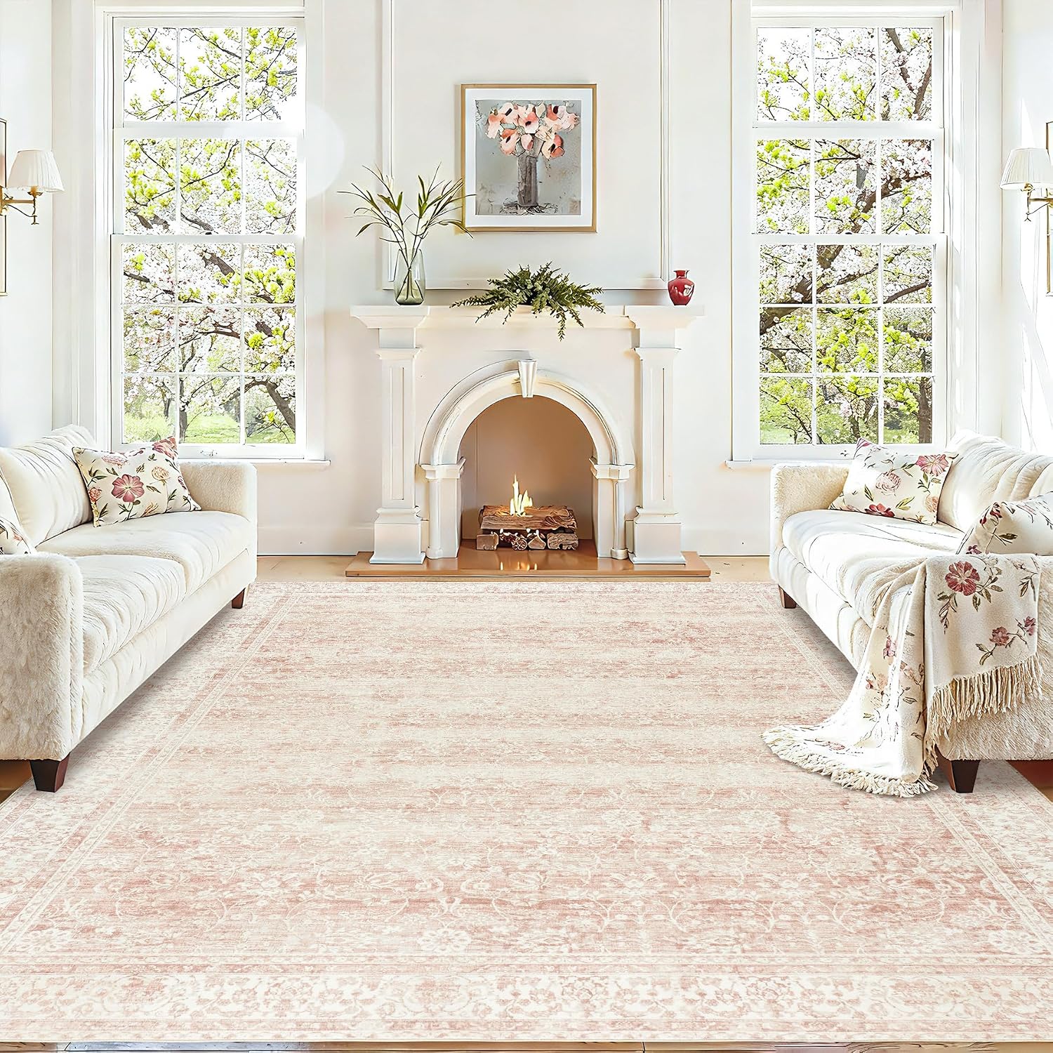 Thumbnail 1 de BILEEHOME Pink Boho Floral Area Rug 8x10 – Low Pile, Non-Slip & Washable for High-Traffic Spaces