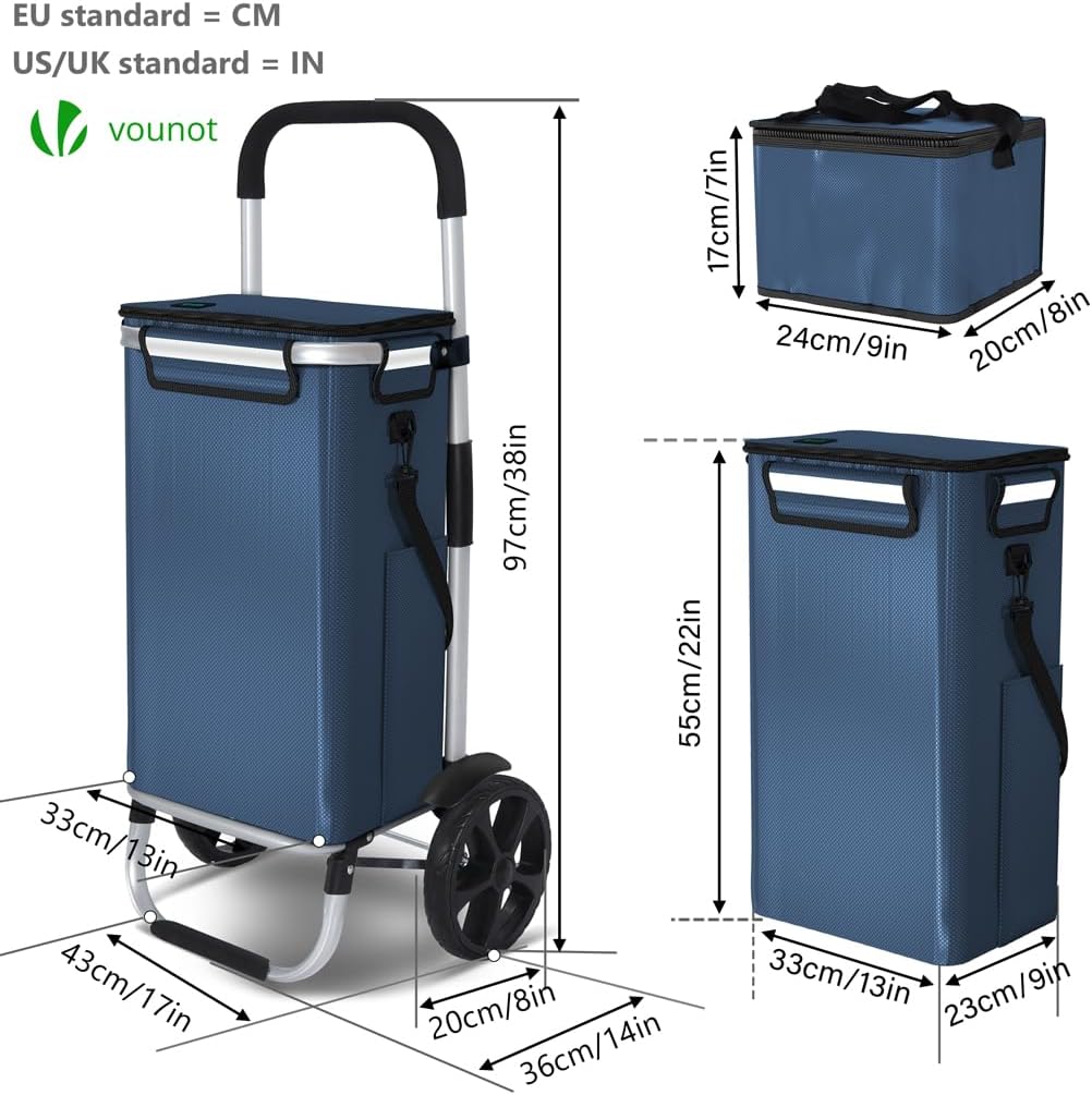 Thumbnail 6 de VOUNOT Einkaufstrolley Klappbar aus Aluminium – 58L, wasserdichte Tasche mit Kühlfach, Treppensteiger, Marineblau