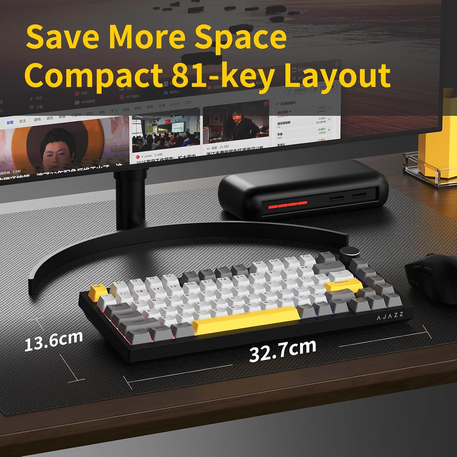 Detalle de AJAZZ AK820 Wired Mechanical Keyboard (75%) mit Volume-Knopf, PBT-Keycaps und Full-Key Hot Swap