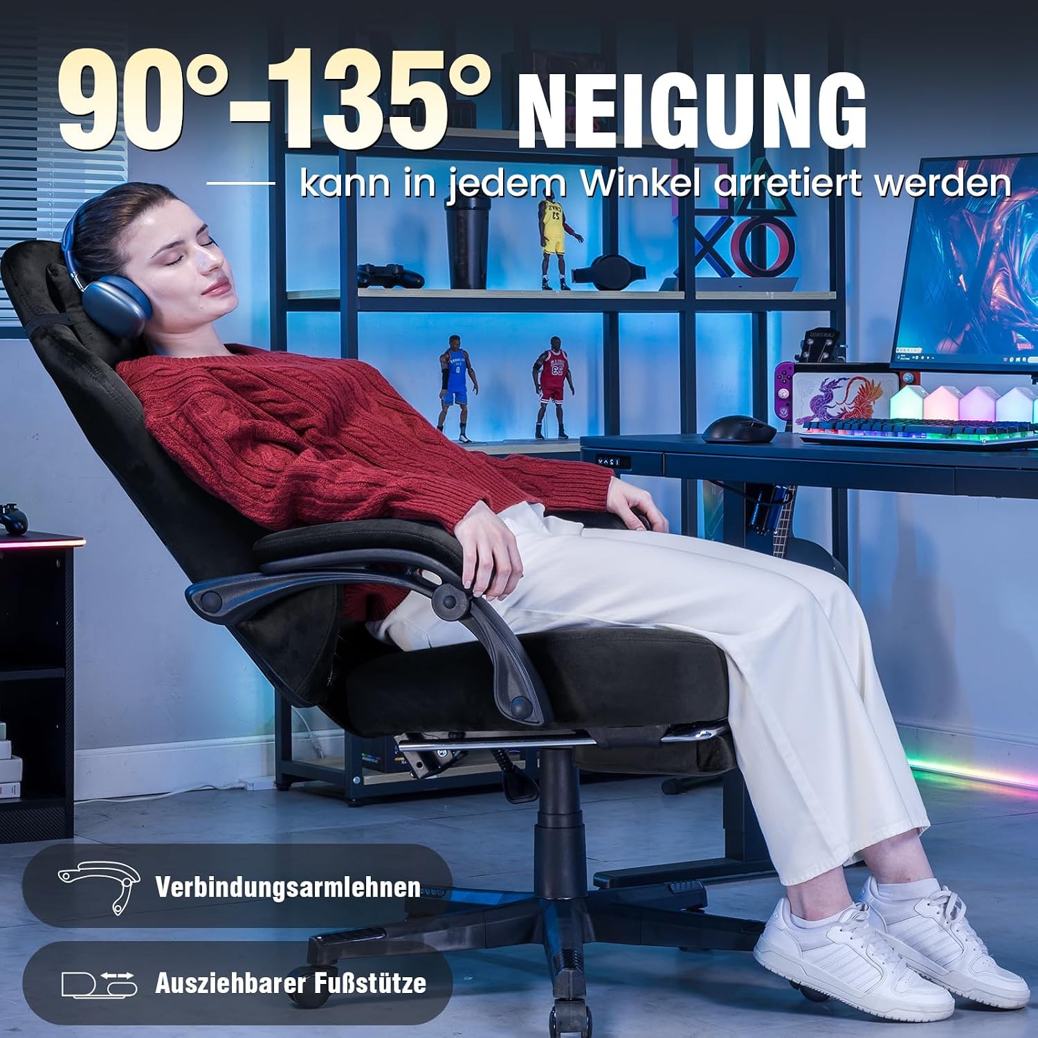 Detalle de GTPLAYER GT830 gamingstoel in zwarte stof met verstelbare rugleuning en voetensteun