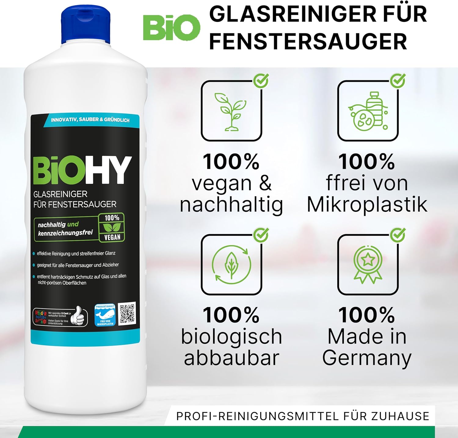 Detalle 2 de BiOHY Glasreiniger für Fenstersauger (500ml) – streifenfreier Glanz für Glas, Spiegel und Chrom