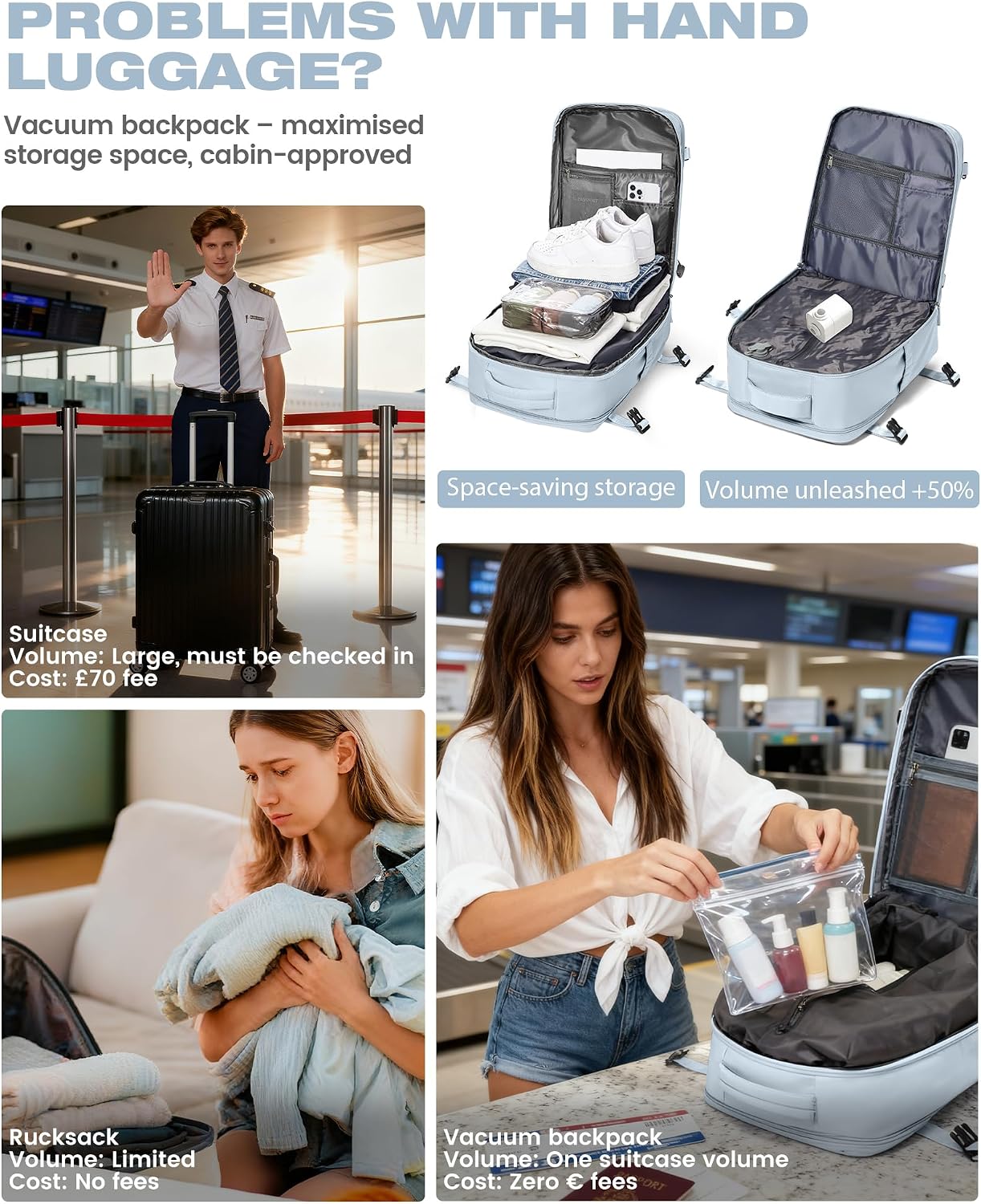 Thumbnail 3 de SZLX Vacuum Backpack Travel Bag with Pump – 40x30x20 cm Cabin-Friendly, with Built-In Vacuum Pump