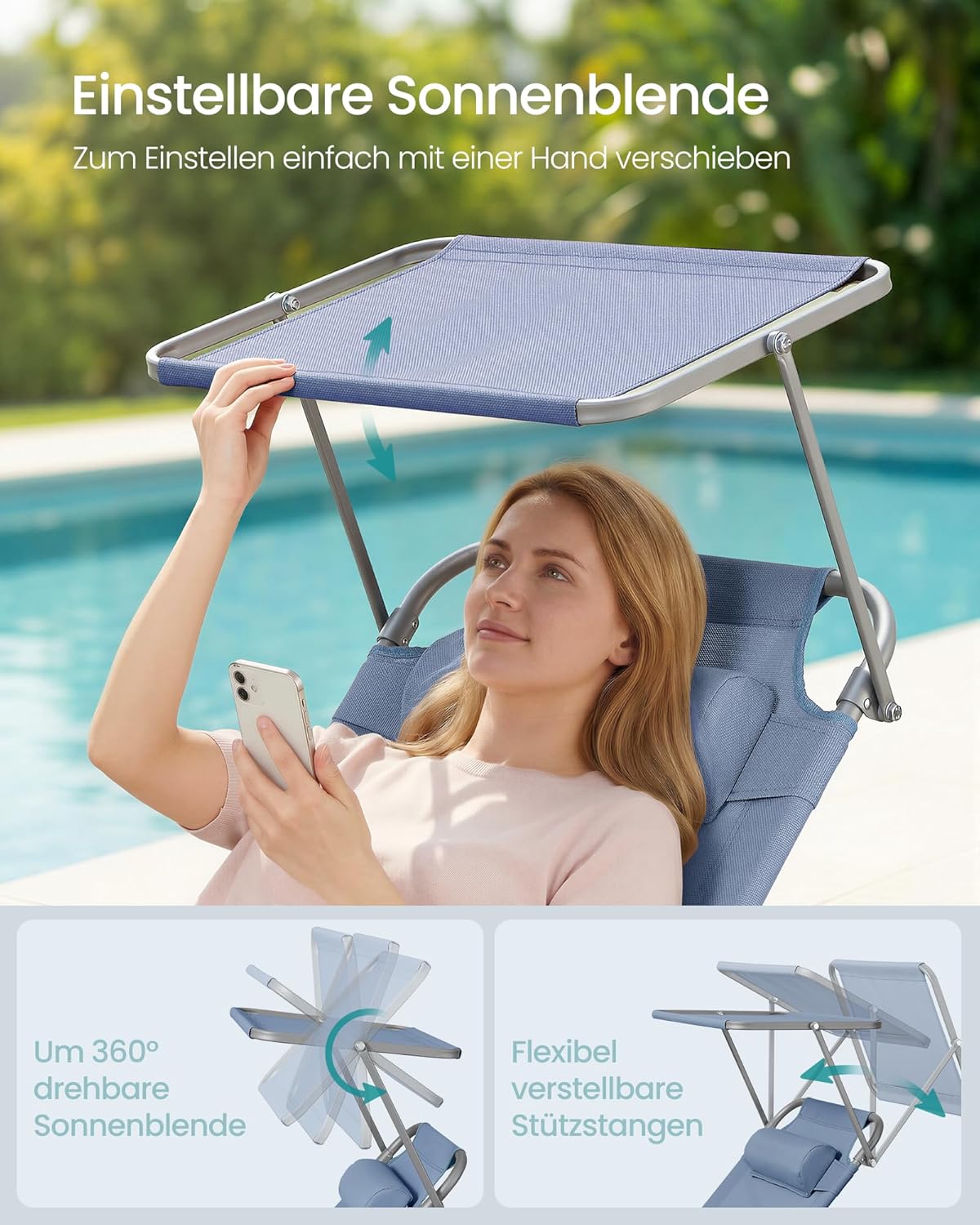 Thumbnail 3 de SONGMICS Sonnenliege GCB192Q01 – klappbarer Liegestuhl mit verstellbarer Rückenlehne und Sonnenschutz