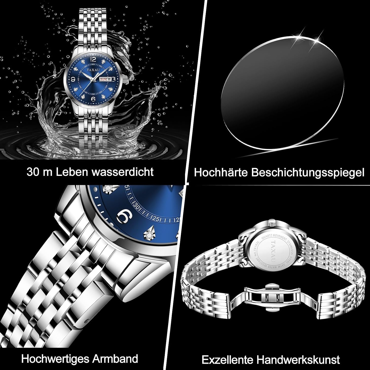 Thumbnail 3 de Taxau Damenuhr mit arabischen Ziffern, blauem Zifferblatt und Edelstahlarmband