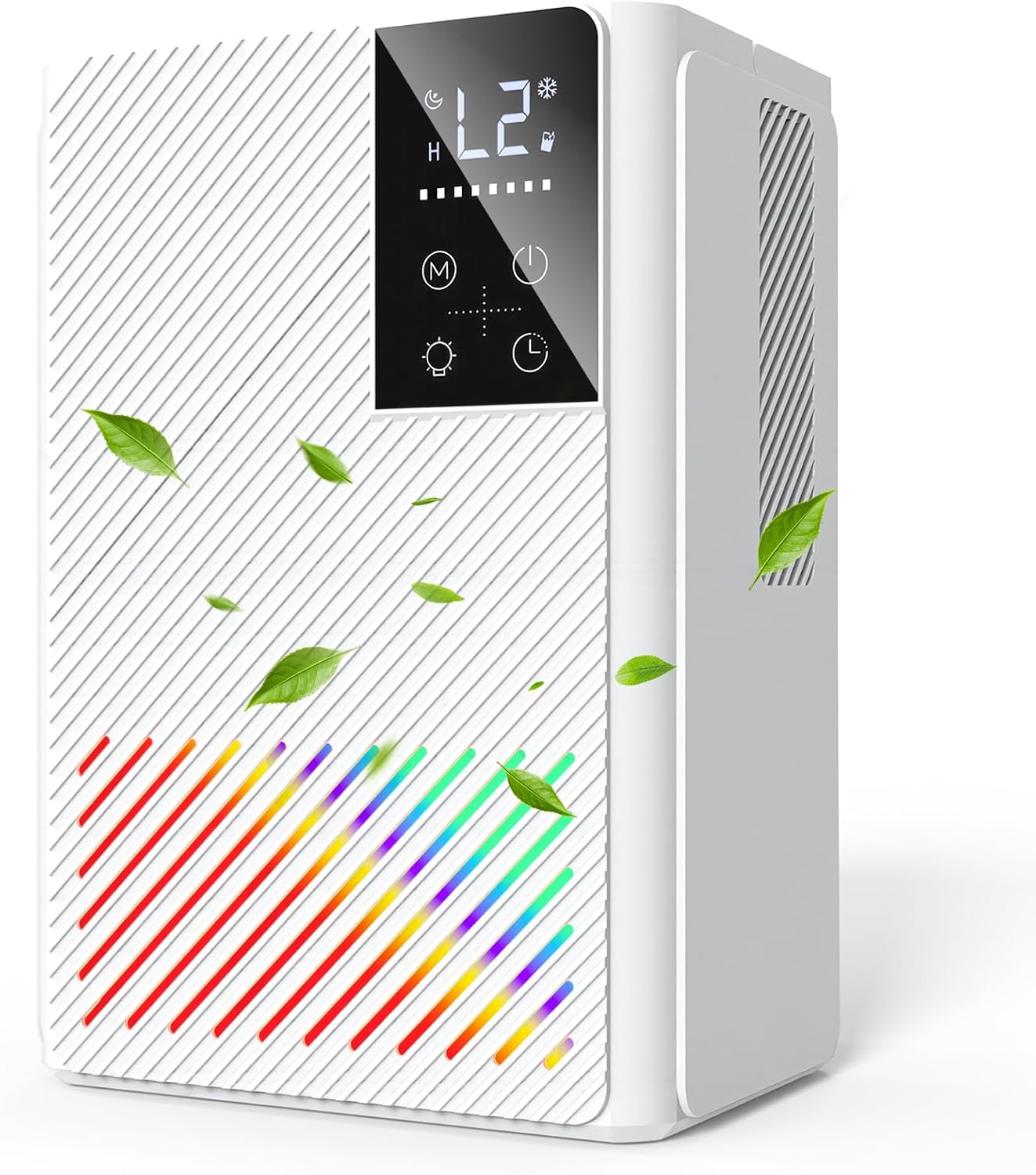 Detalle de Deumidificatore portatile 2500 ml con comandi touch, luci a 7 colori e spegnimento automatico — ideale per casa, bagno e ufficio