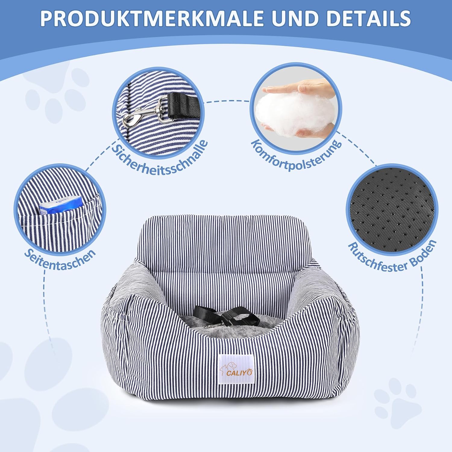 Thumbnail 2 de CALIYO Hundeautositz mit stabiler Basis, Sicherheitsgurt & Memory-Foamauflage (blau/weiß) – für Hunde bis 10 kg