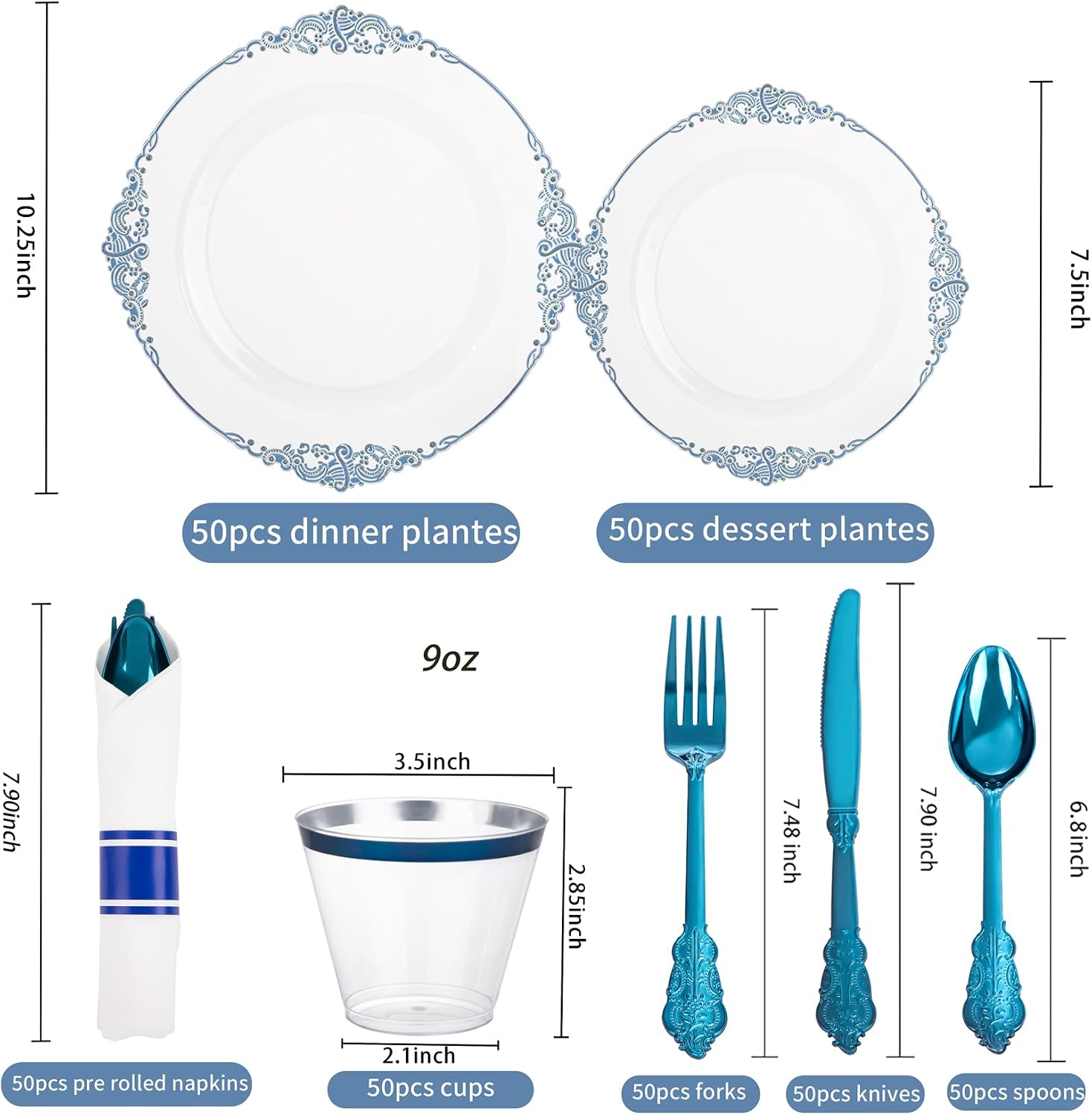 Detalle de Hioasis 350pcs Clear Blue Plastic Plates — Elegant Disposable Dinnerware Set for 50 Guests
