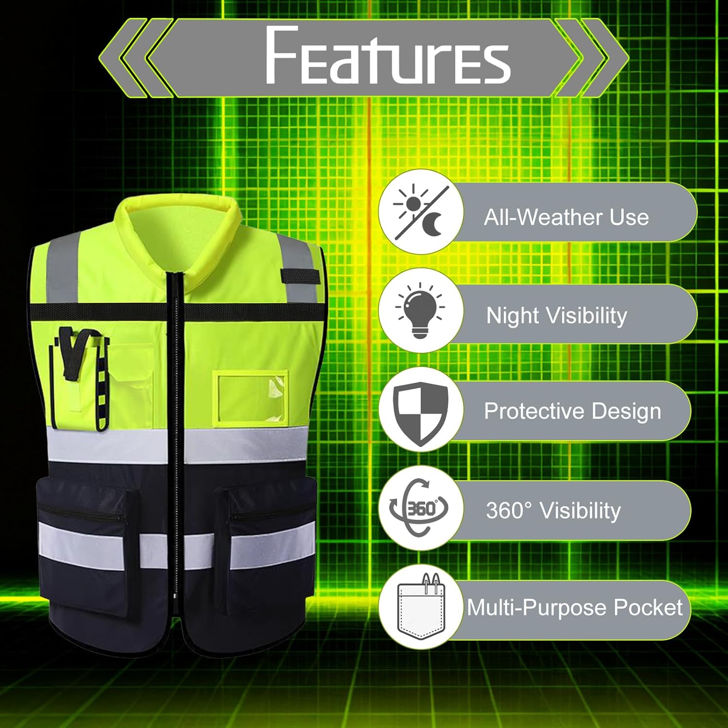 Detalle 2 de URAQT Gilet Alta Visibilità riflettente con 7 tasche e cerniera, taglia XL