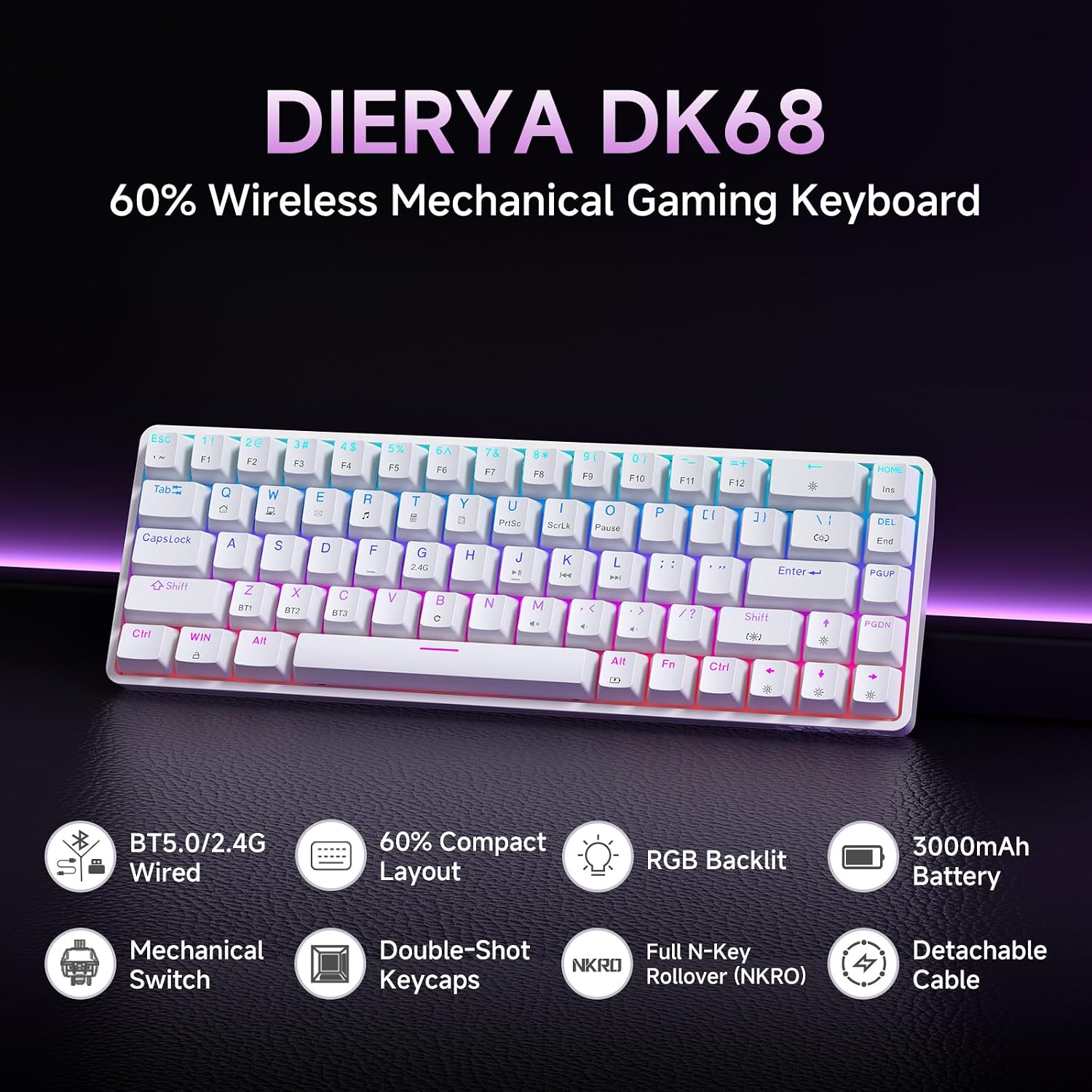 Detalle 2 de Dierya DK68 tastiera gaming wireless 60%